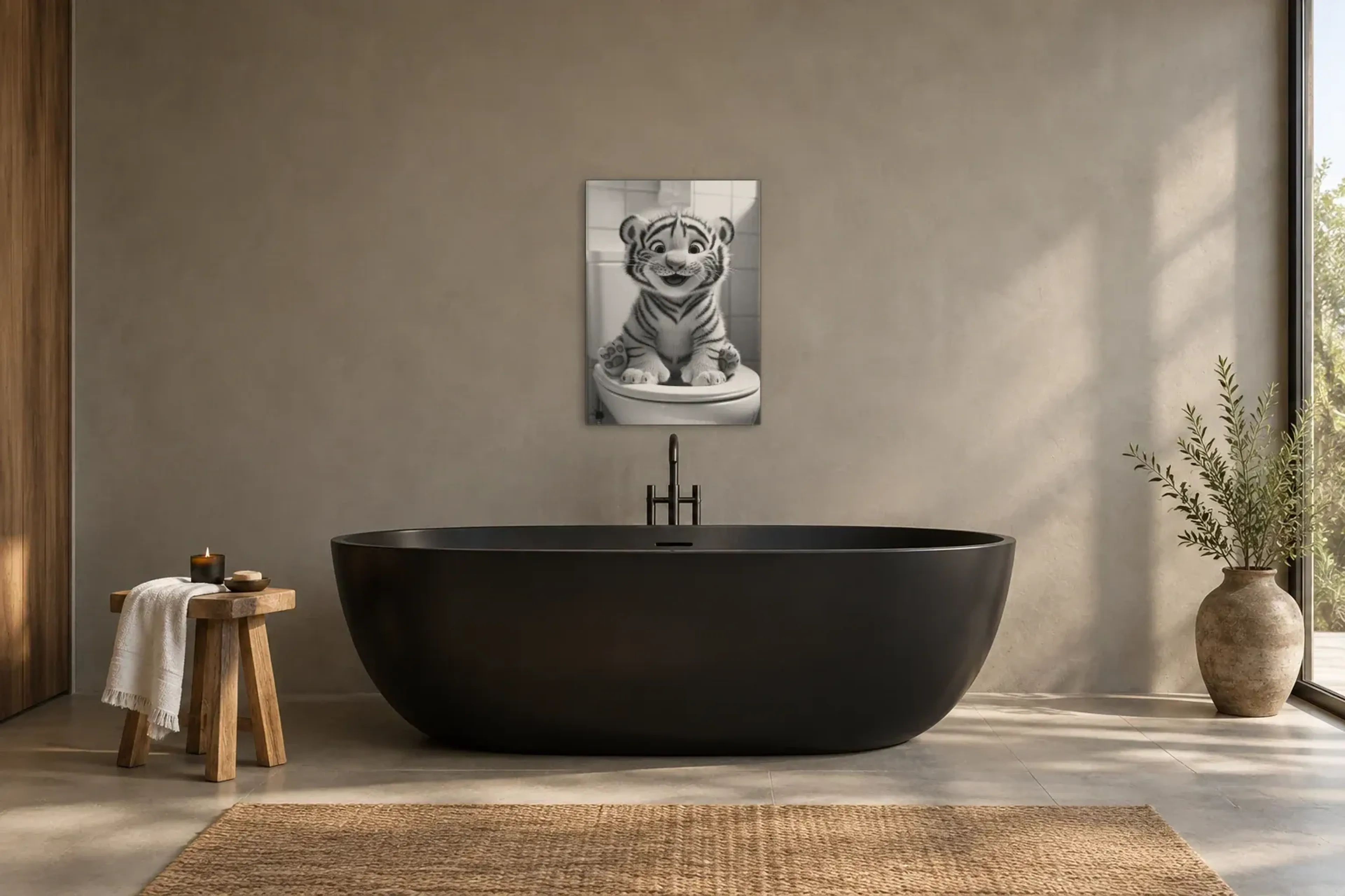 Tiger auf Toilette als Wandbild über einer 170-cm-Badewanne