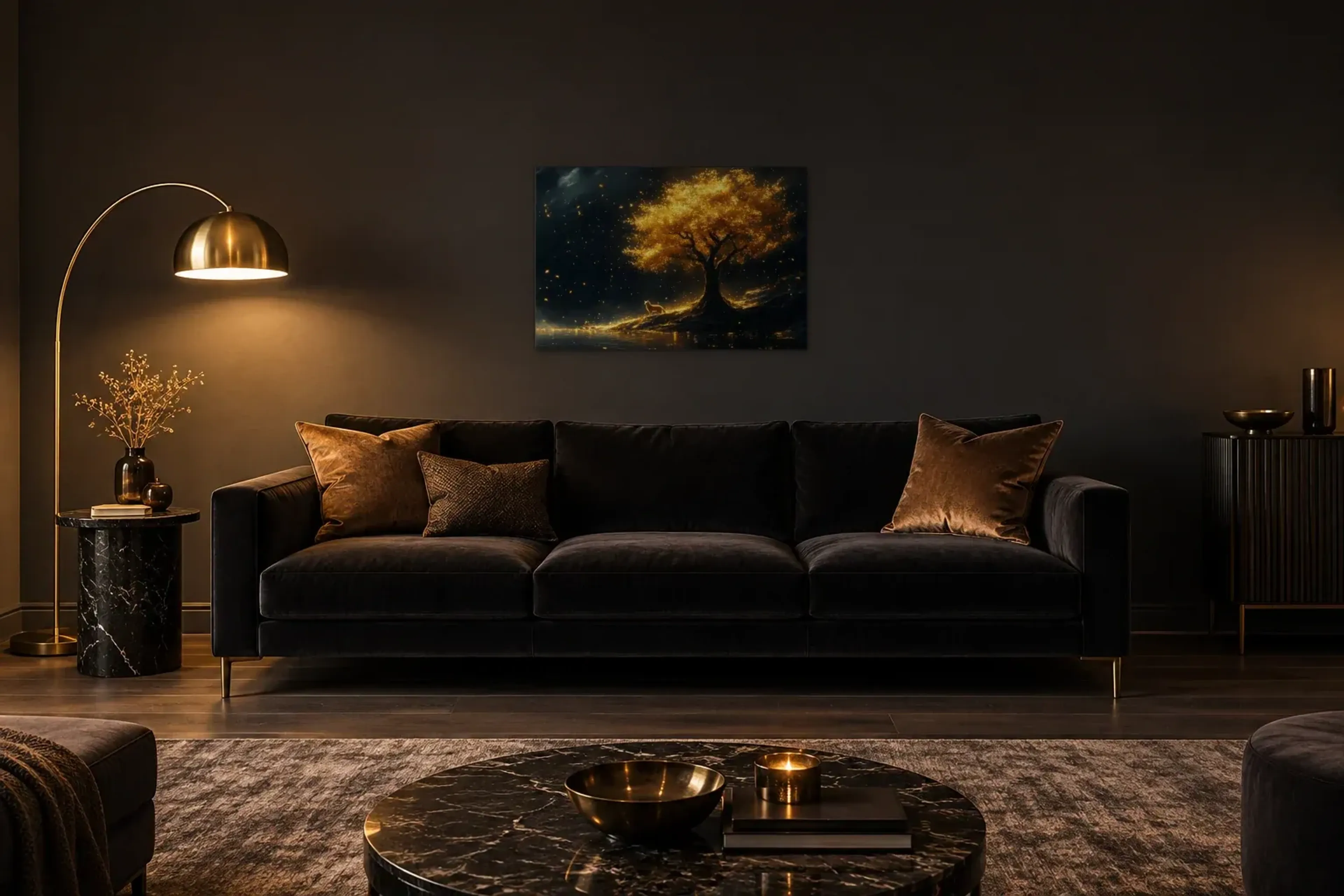 Fuchs unterm Goldbaum als Wandbild über einem 220-cm-Sofa