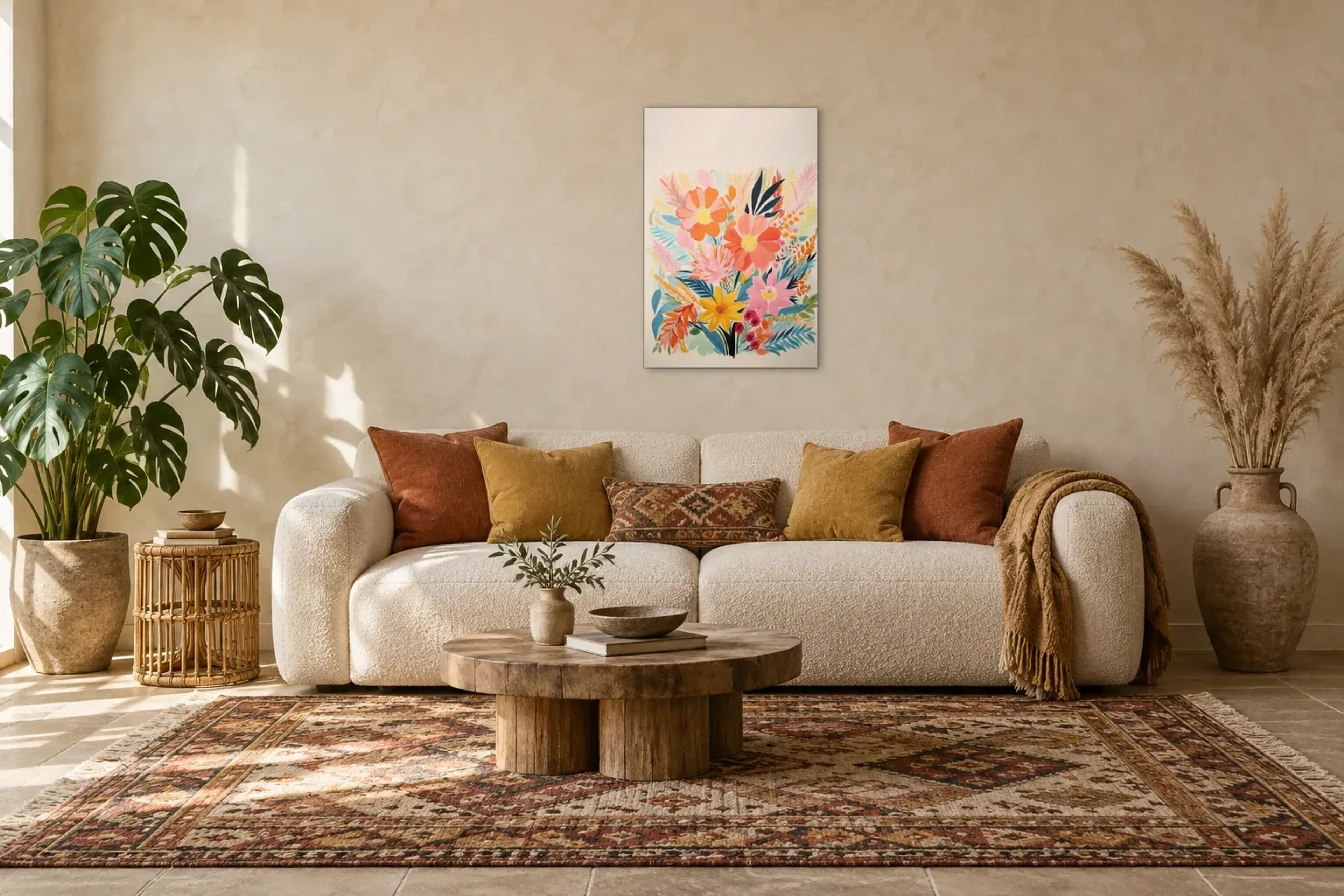 Blüten in Sommerfarben als Wandbild über einem 220-cm-Sofa