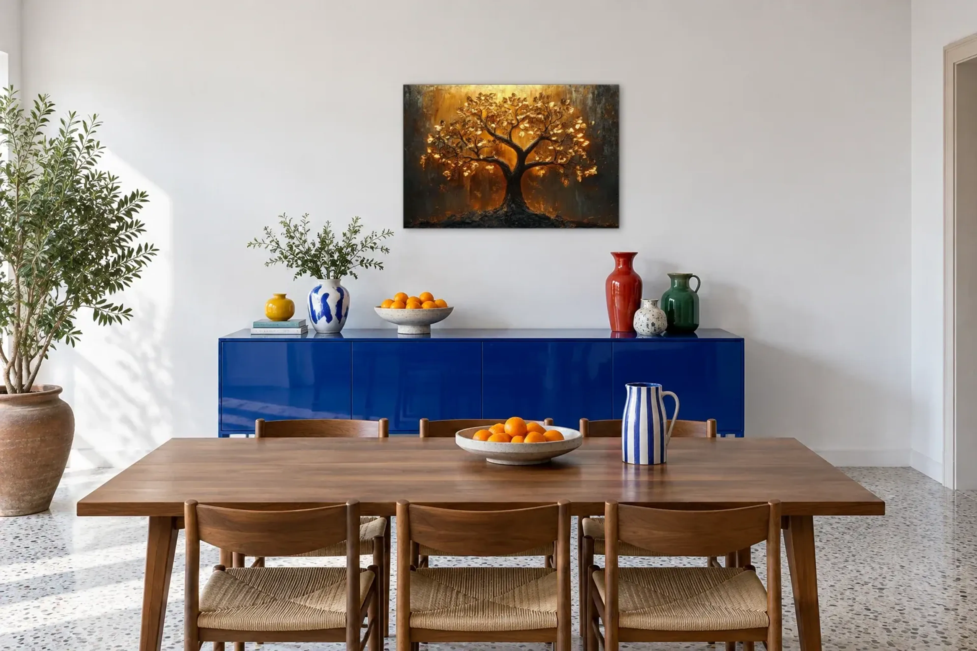 Lebensbaum Sonnenlicht als Wandbild über einem 180-cm-Sideboard