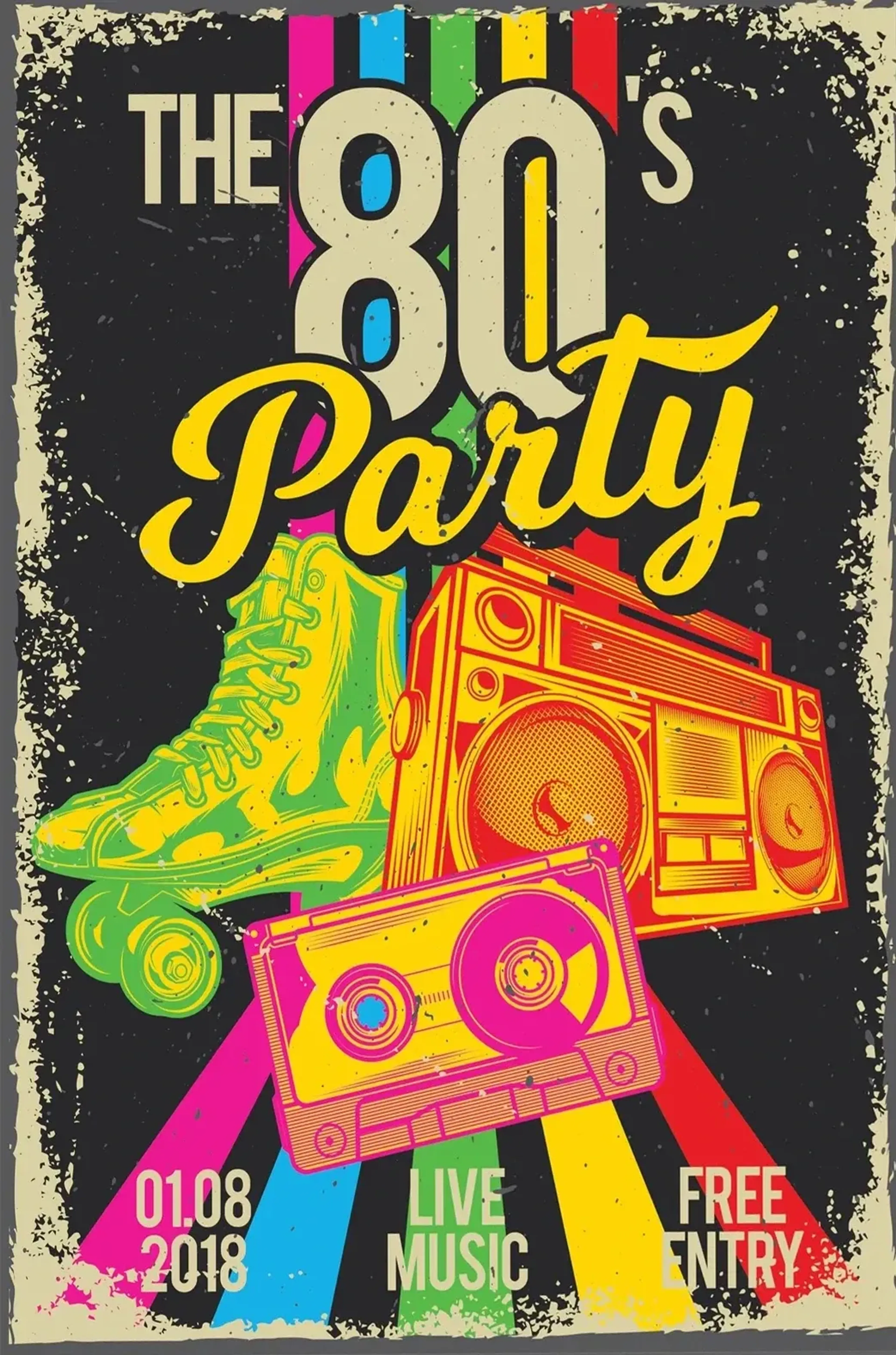 Buntes Retroplakat zur 80er-Party mit Rollschuh, Kassettenrekorder und Kassette auf dunklem Grund.