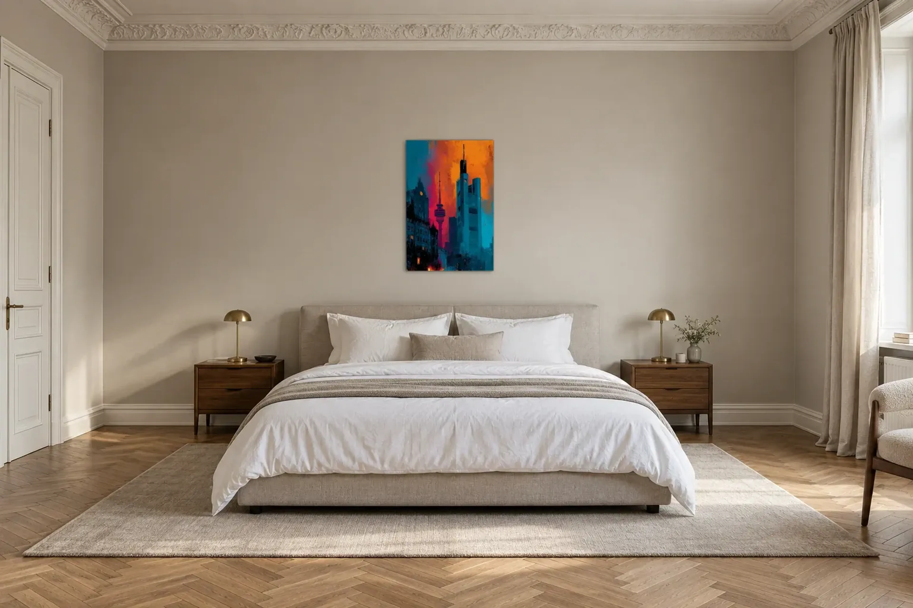 Türme in Orange und Petrol als Wandbild über einem 180-cm-Bett