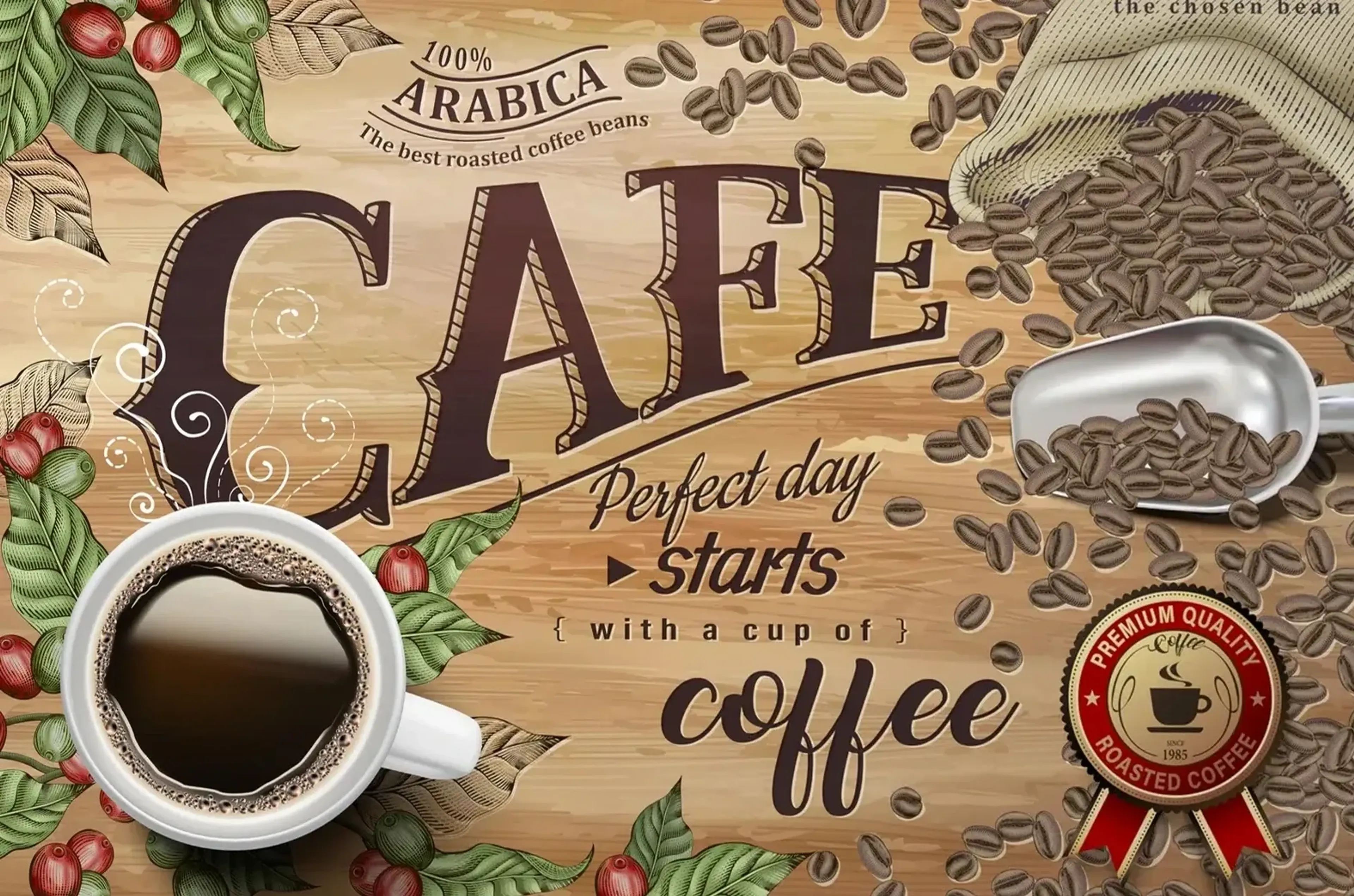 Nostalgisches Kaffeemotiv mit „CAFE“-Schriftzug, Tasse, Bohnen, Schaufel und grünen Blättern auf Holzoptik.