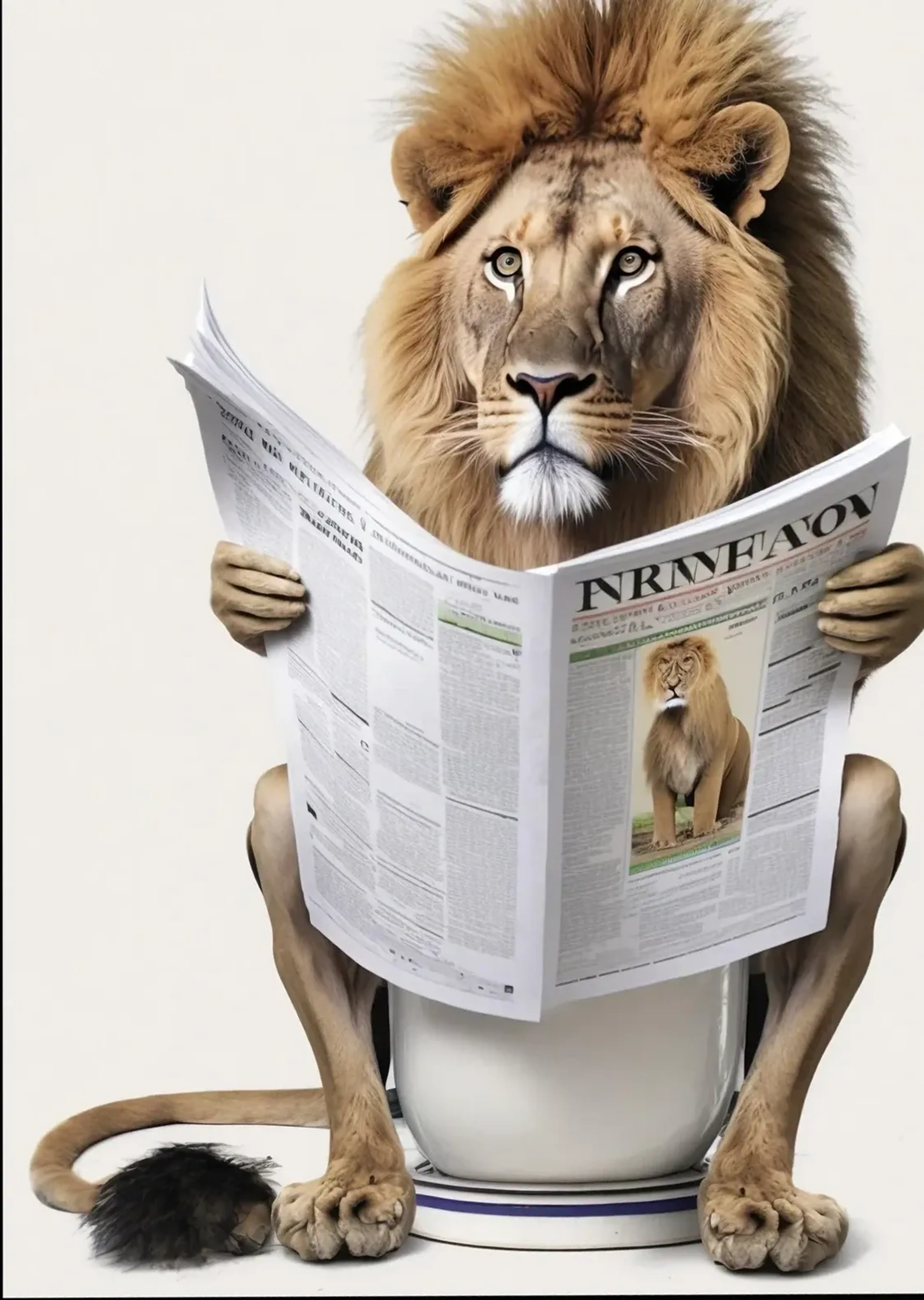 Ein Löwe mit goldbrauner Mähne sitzt auf einer Toilette und blickt über eine aufgeschlagene Zeitung.