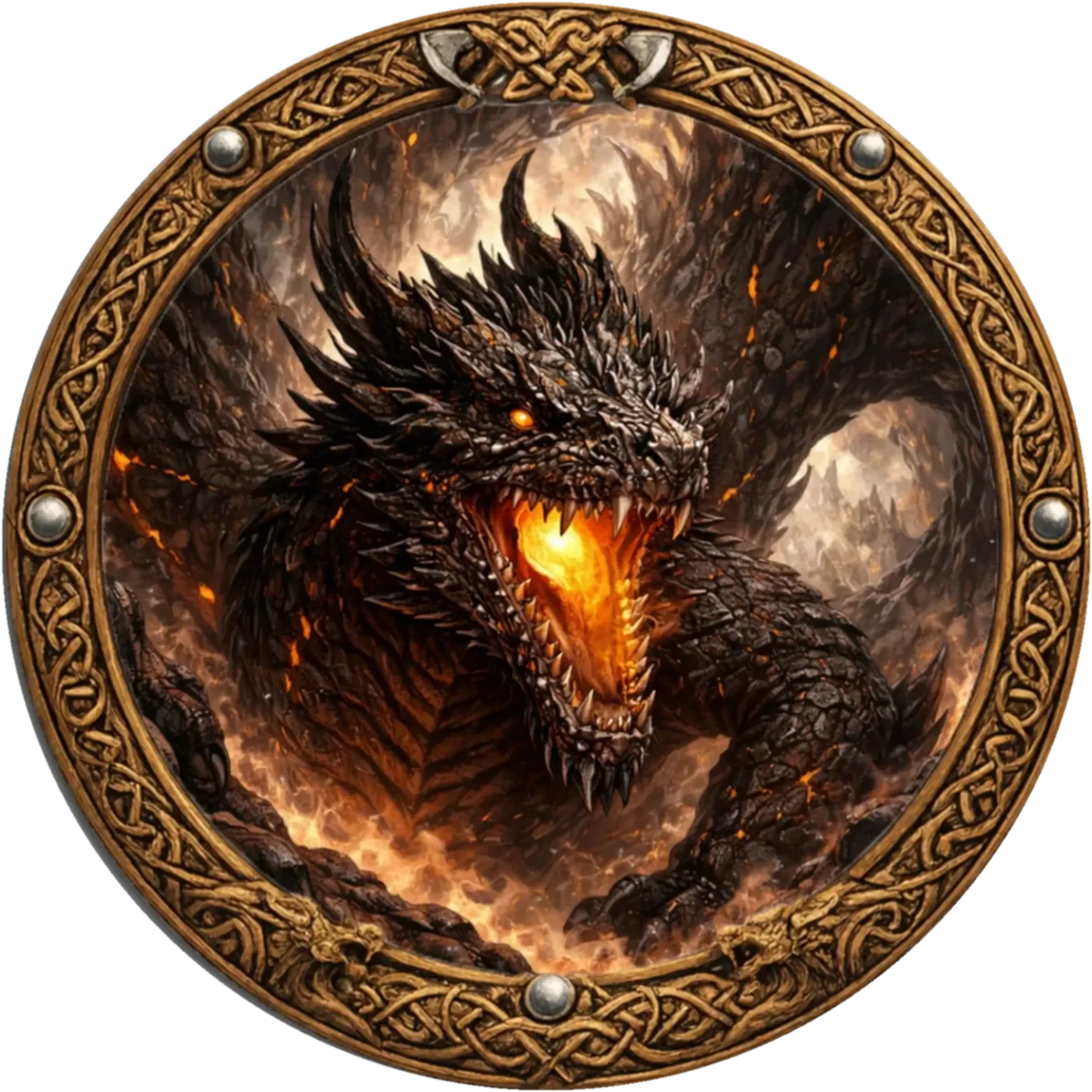 Schwarzer Drache mit feurigem Maul und spitzen Hörnern in einer runden, goldfarbenen Ornamenteinfassung.