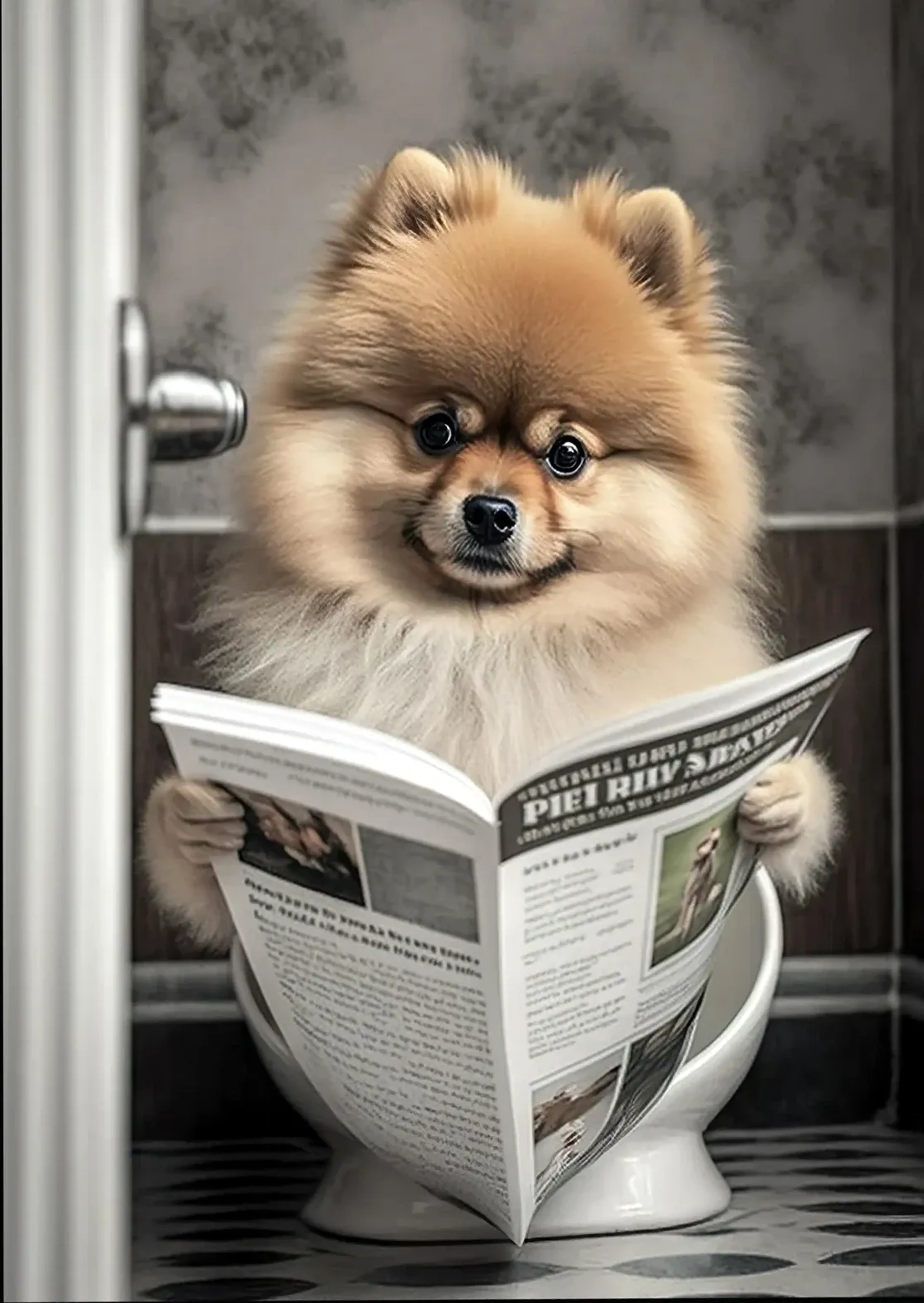 Goldbrauner Pomeranian sitzt mit aufgeschlagener Zeitung auf einer Toilette in einem grau gestalteten Bad.