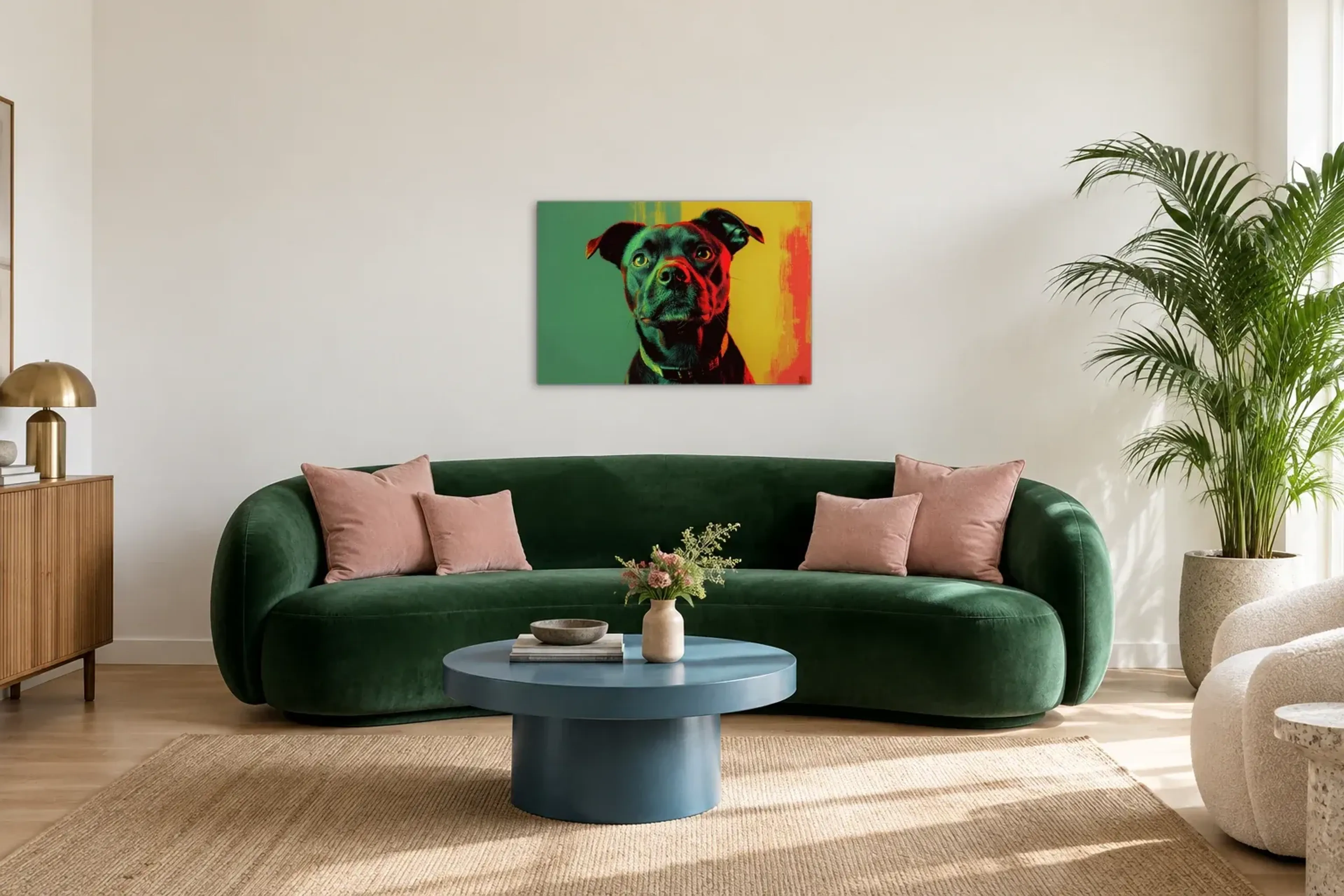 Mischling mit treuem Blick als Wandbild über einem 220-cm-Sofa