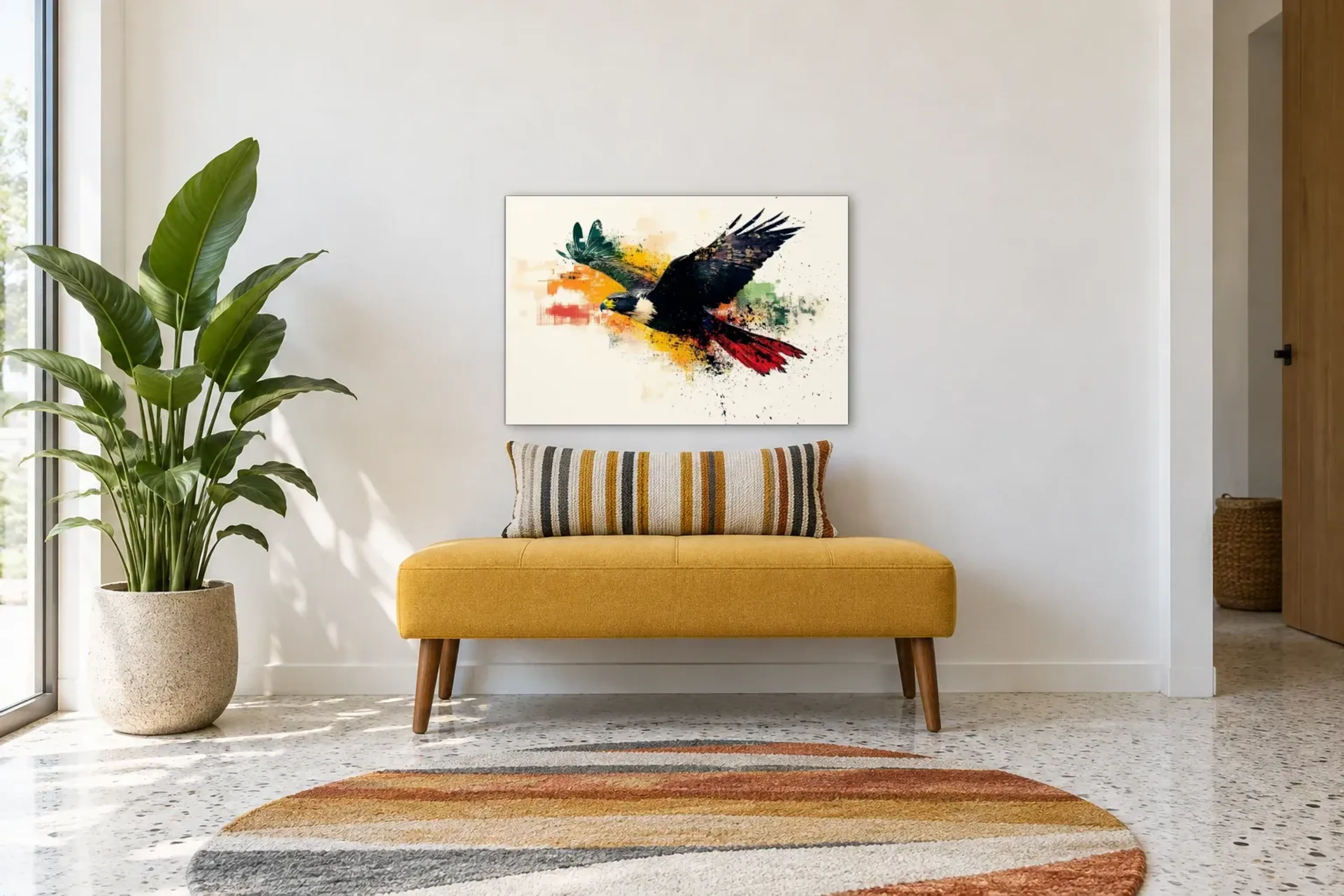 Falke im Flug als Wandbild über einer 120-cm-Bank