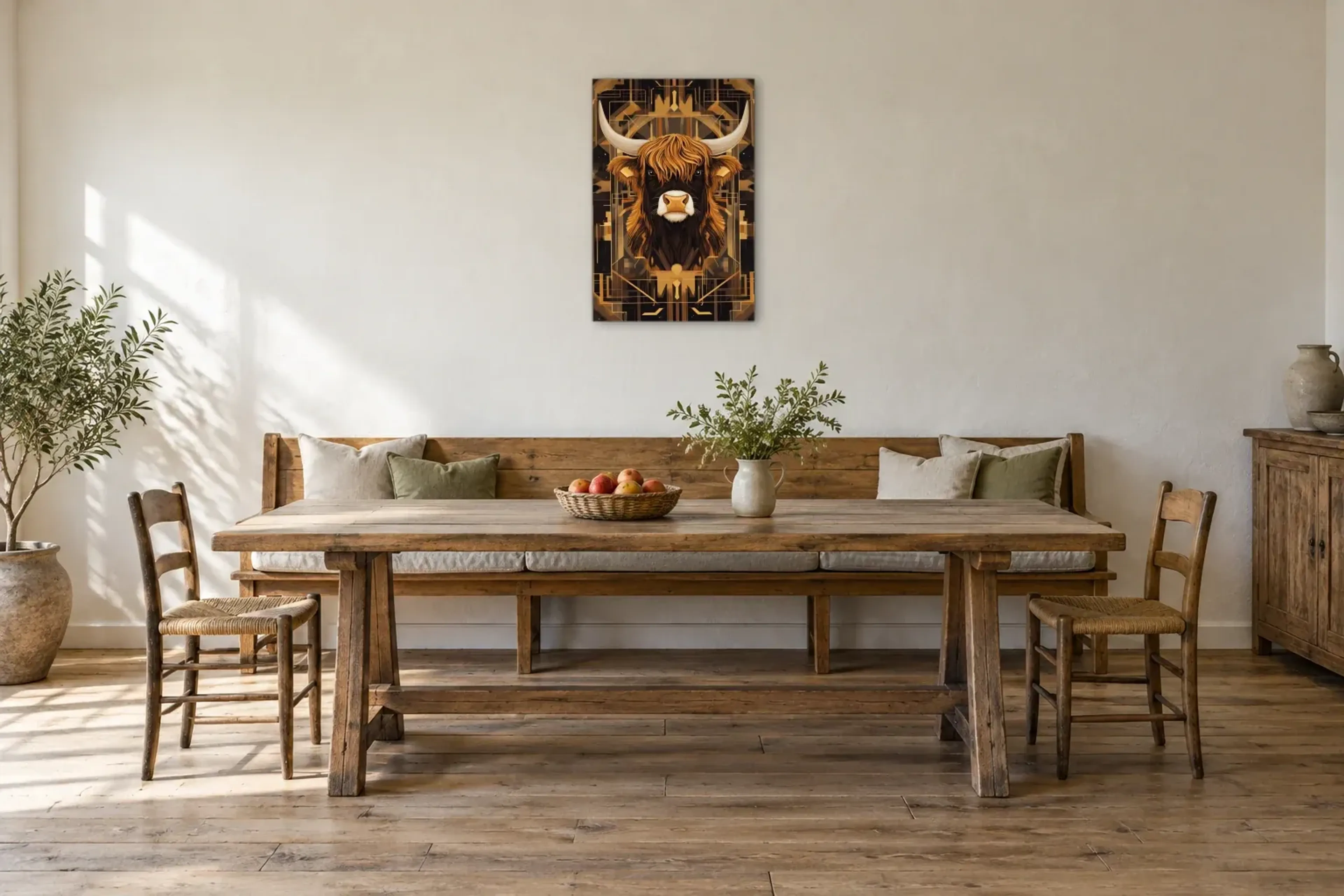 Hochlandrind in Goldornamenten als Wandbild über einer 200-cm-Sitzbank