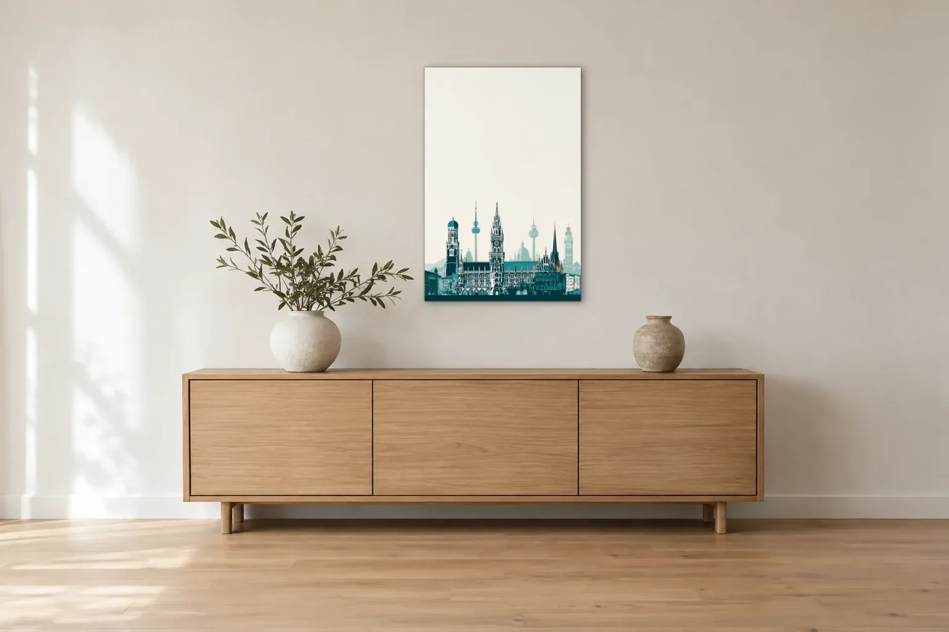 München in Petrol als Wandbild über einem 180-cm-Sideboard