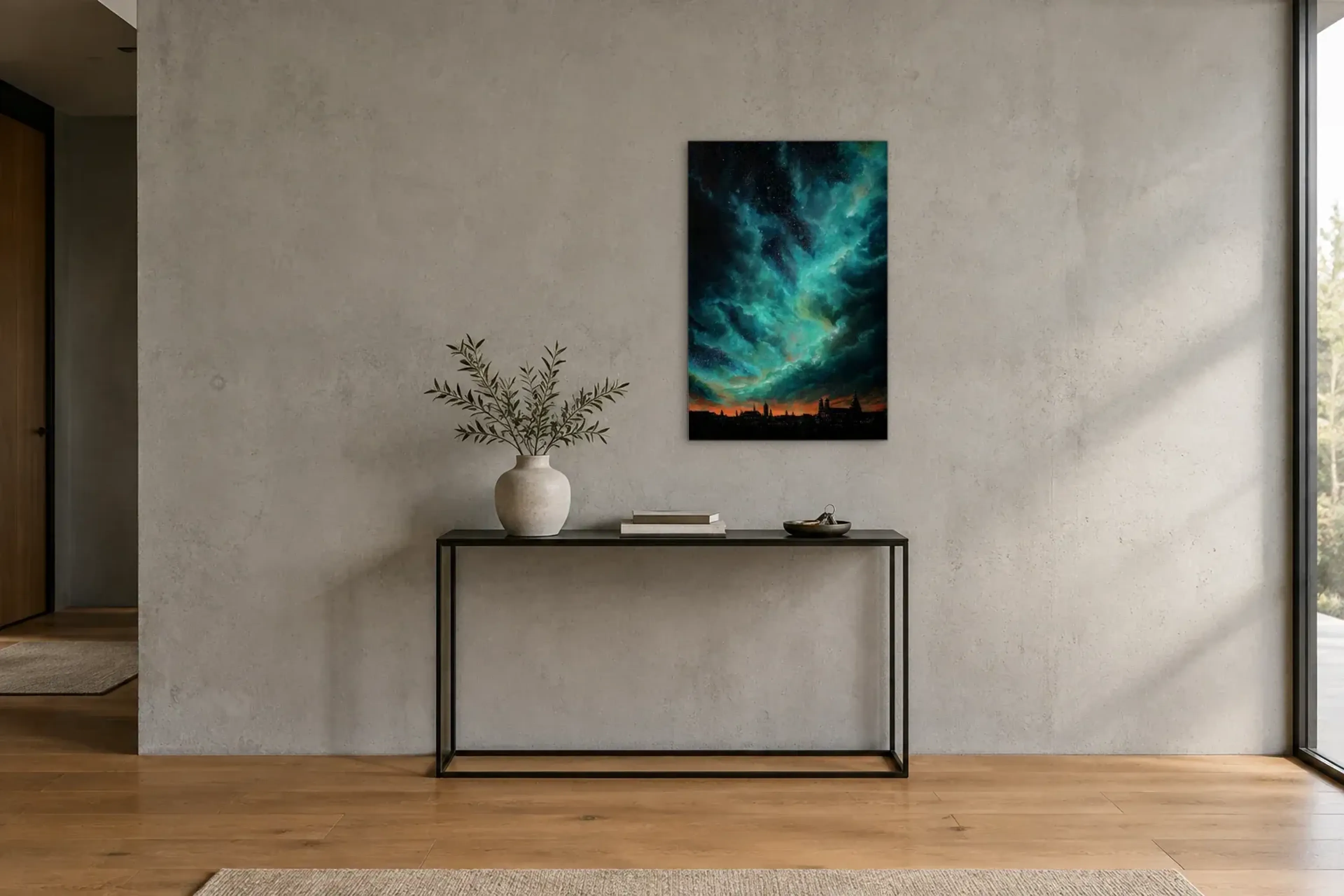 Sternenhimmel über München als Wandbild über einer 120-cm-Konsole