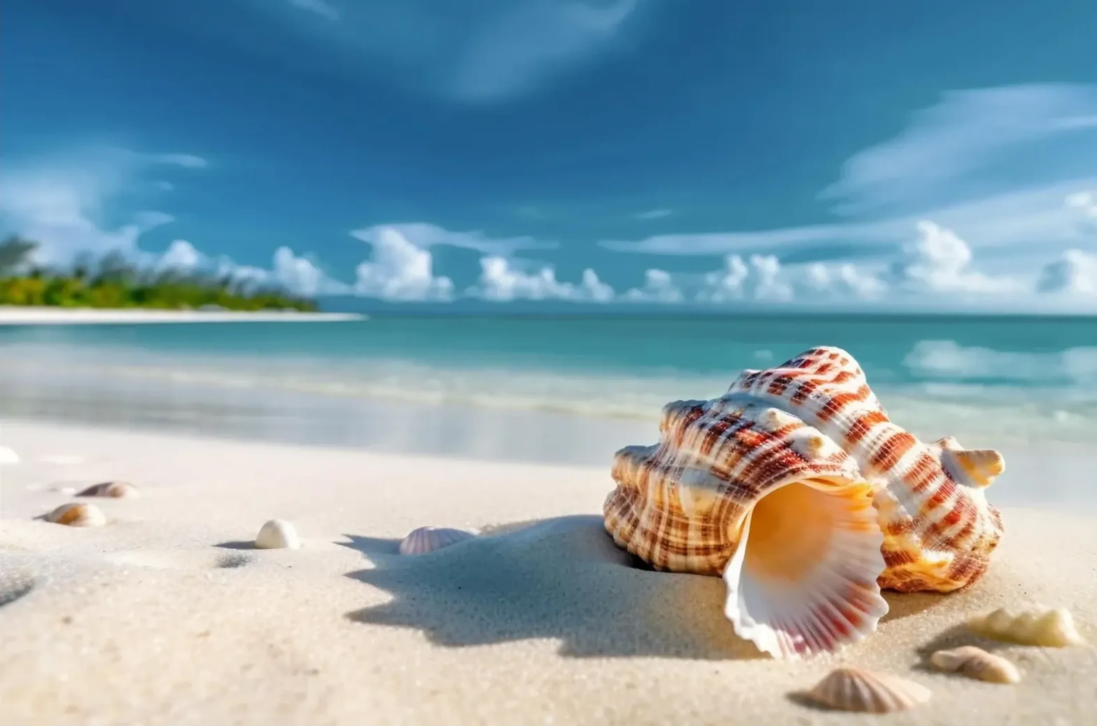 Rotbraun gemusterte Muschel auf hellem Sand vor türkisfarbenem Meer und blauem Himmel.