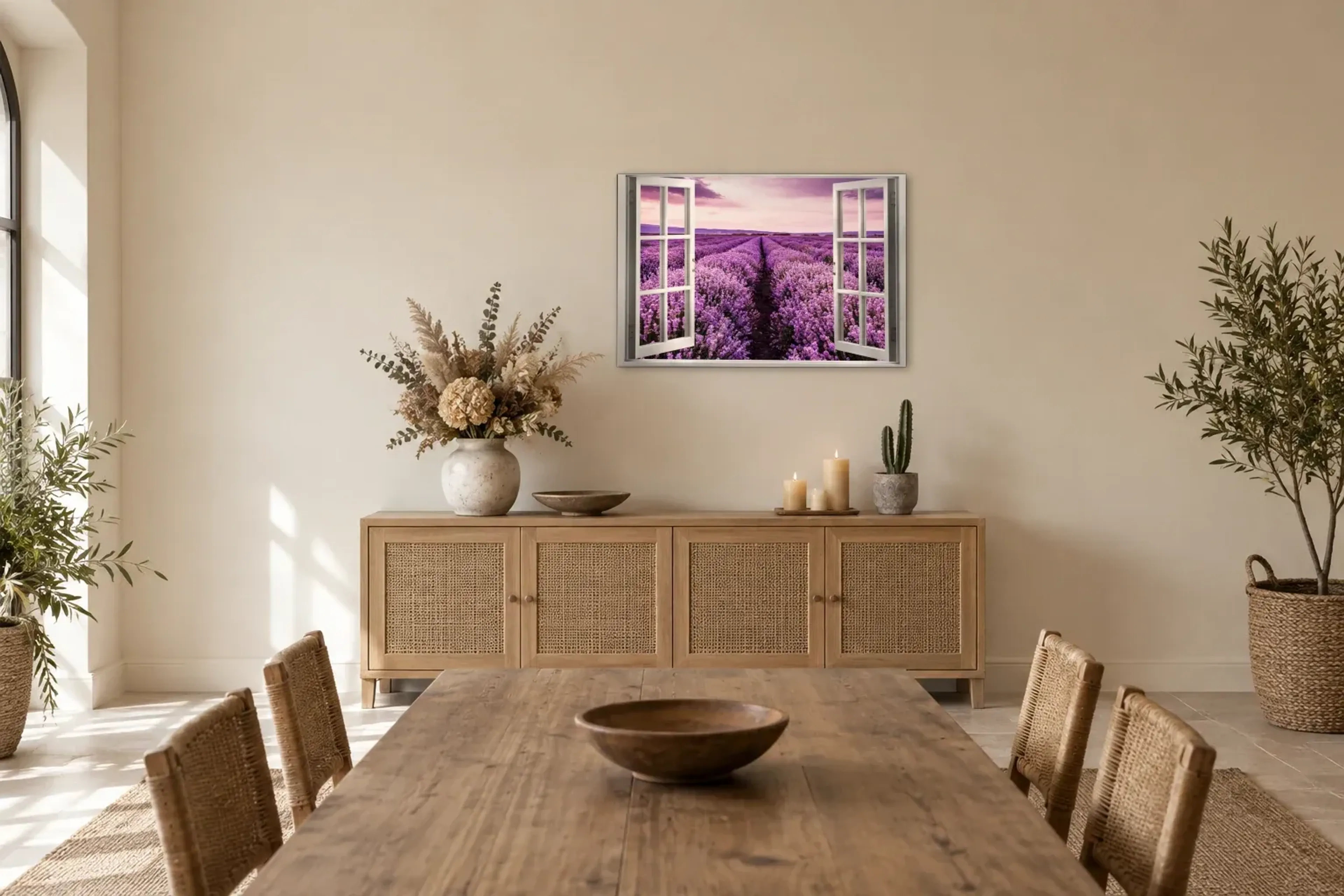 Blick ins Lavendelfeld als Wandbild über einem 160-cm-Sideboard