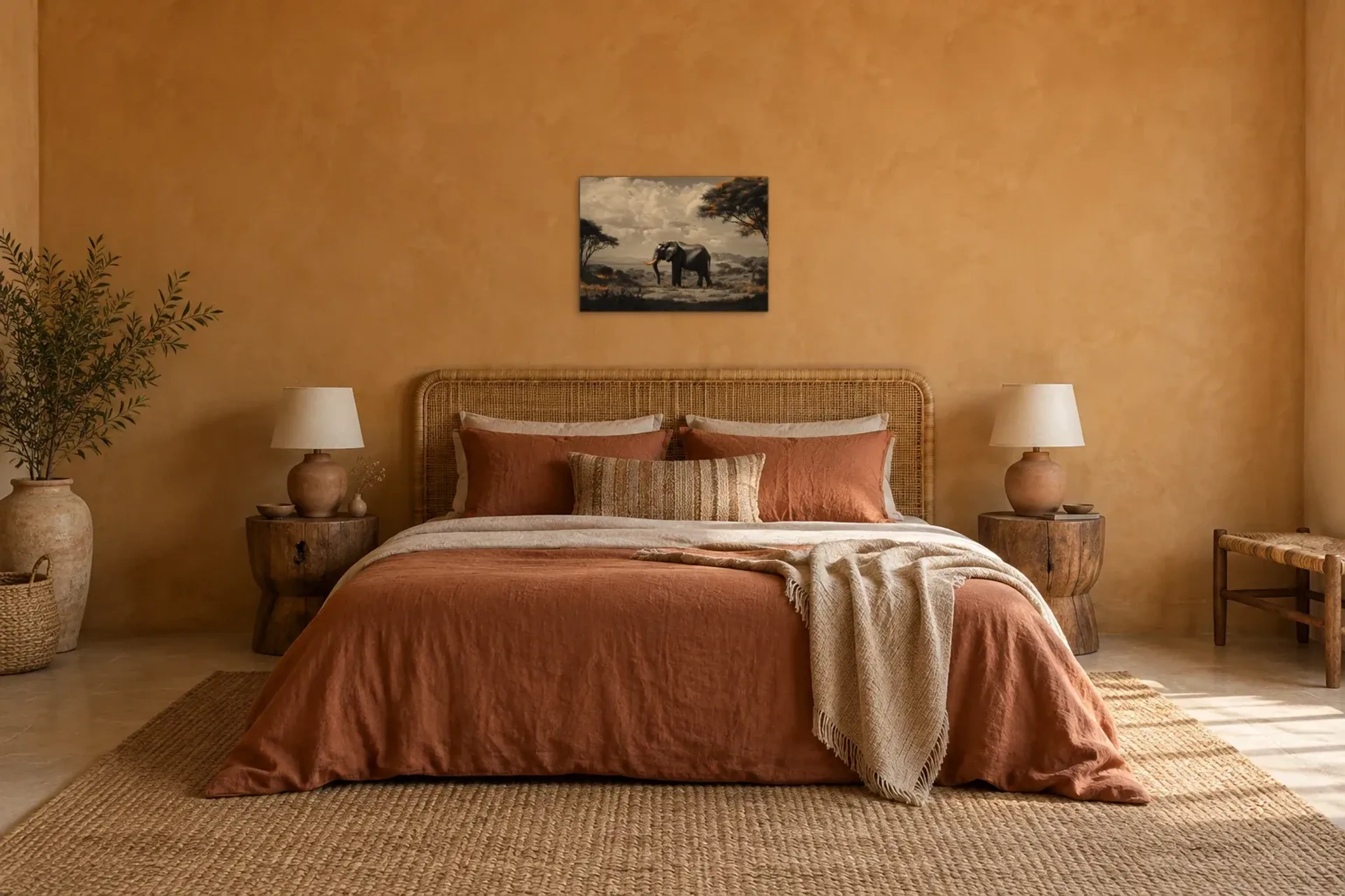 Elefant in der Savanne als Wandbild über einem 180-cm-Bett