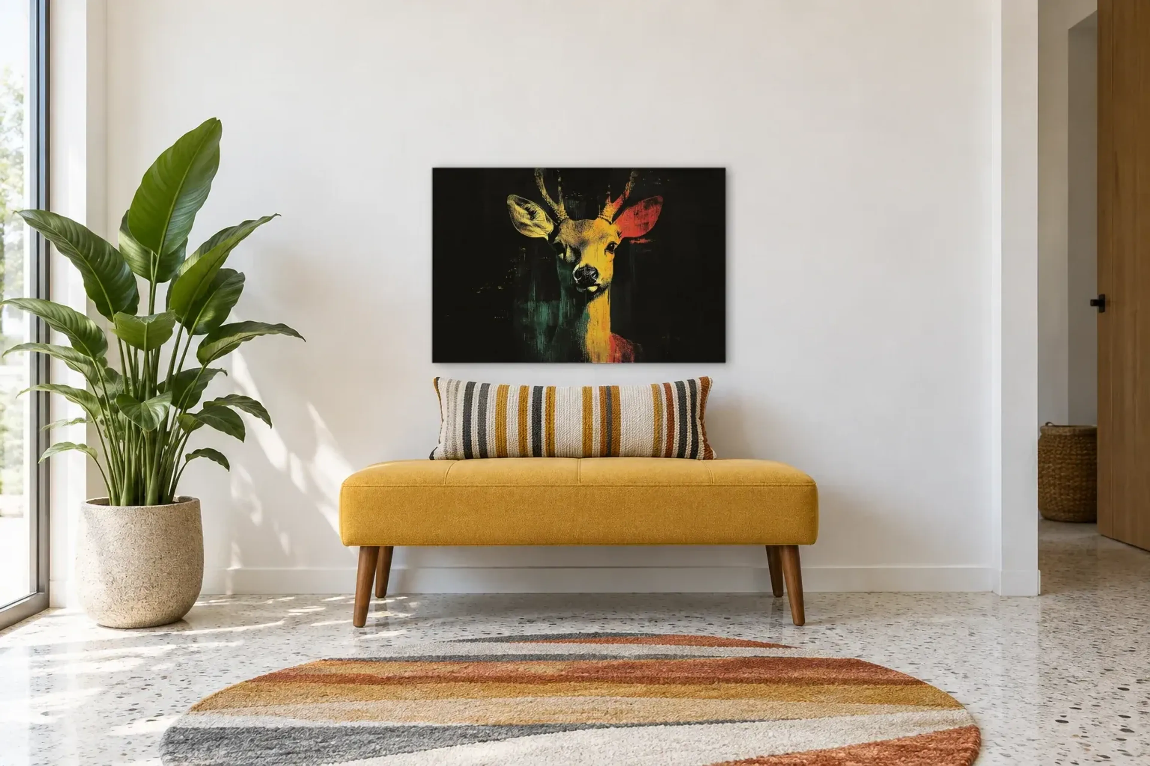 Reh als Wandbild über einer 120-cm-Bank