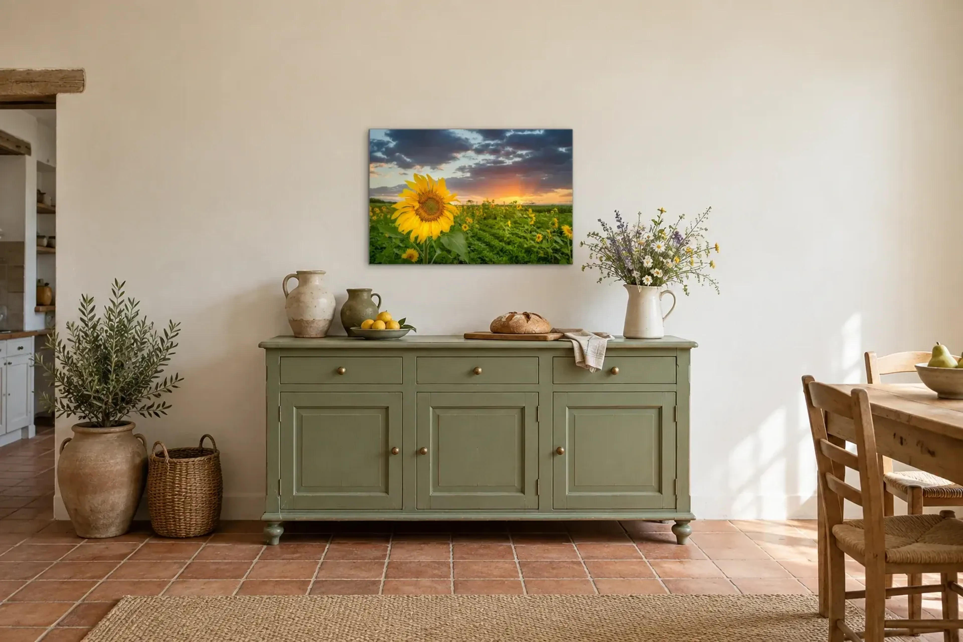 Sonnenblume im Abendlicht als Wandbild über einer 160-cm-Anrichte