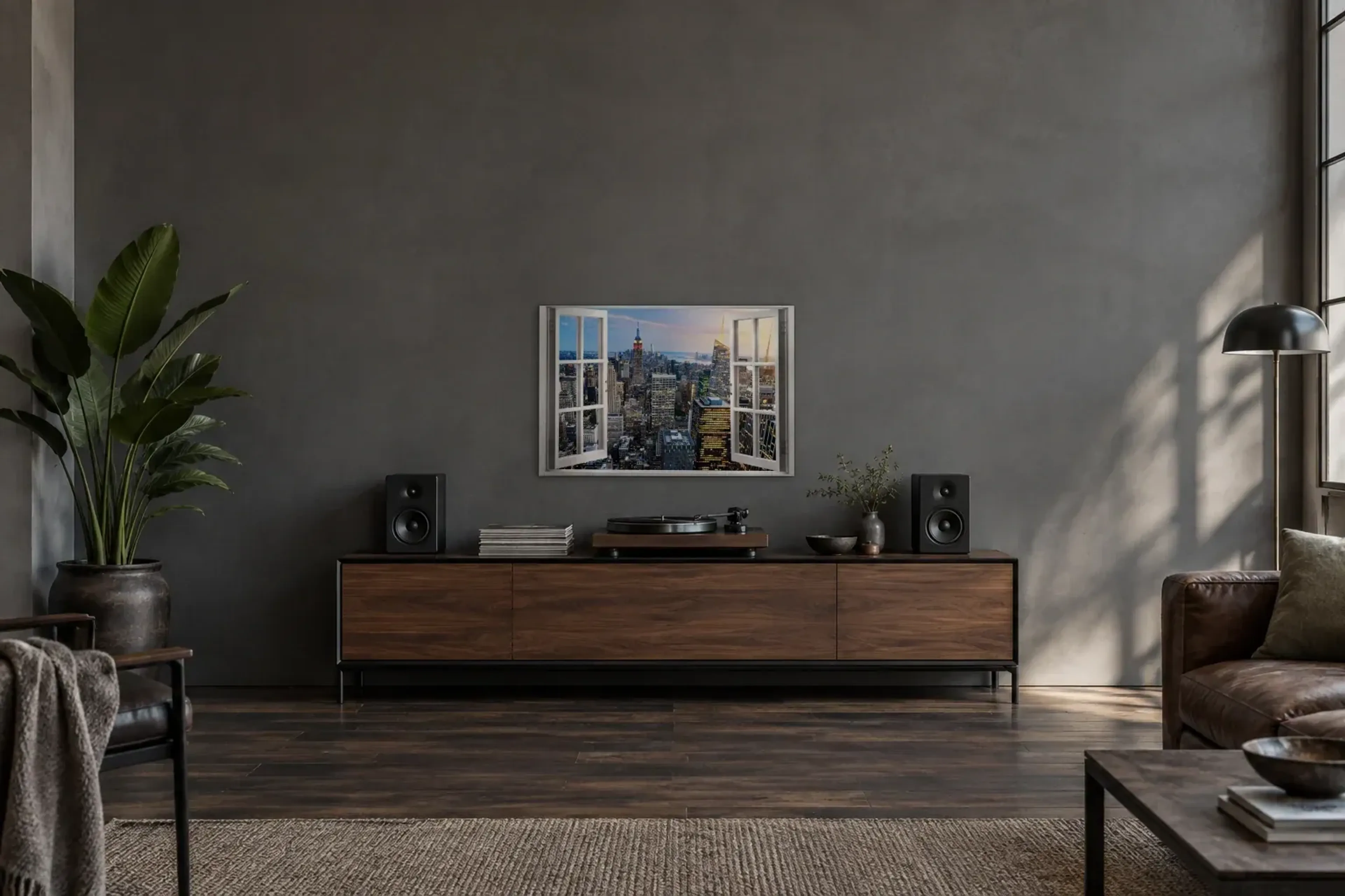 New York zur Dämmerung als Wandbild über einem 200-cm-Sideboard