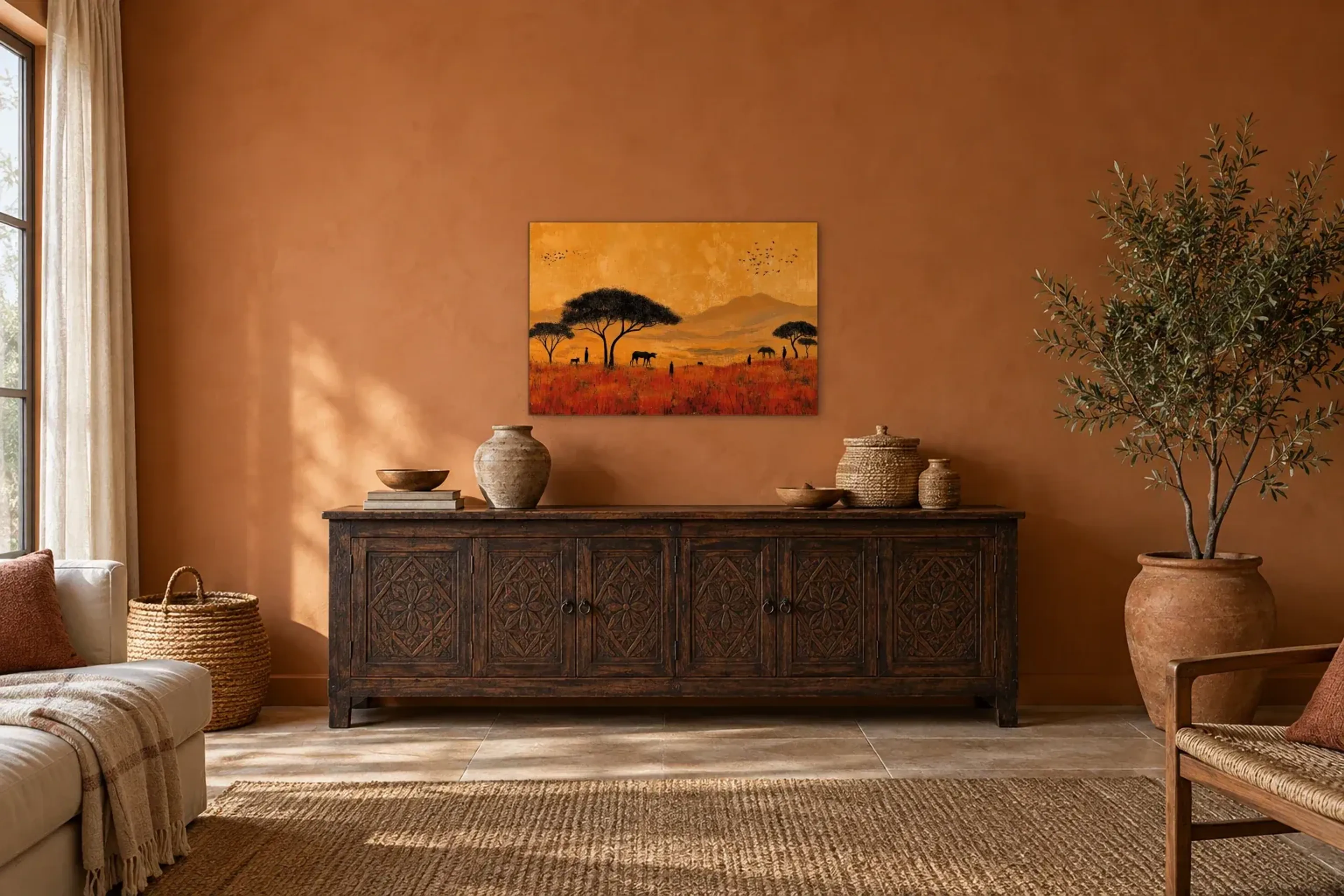 Goldene Savanne als Wandbild über einem 180-cm-Sideboard