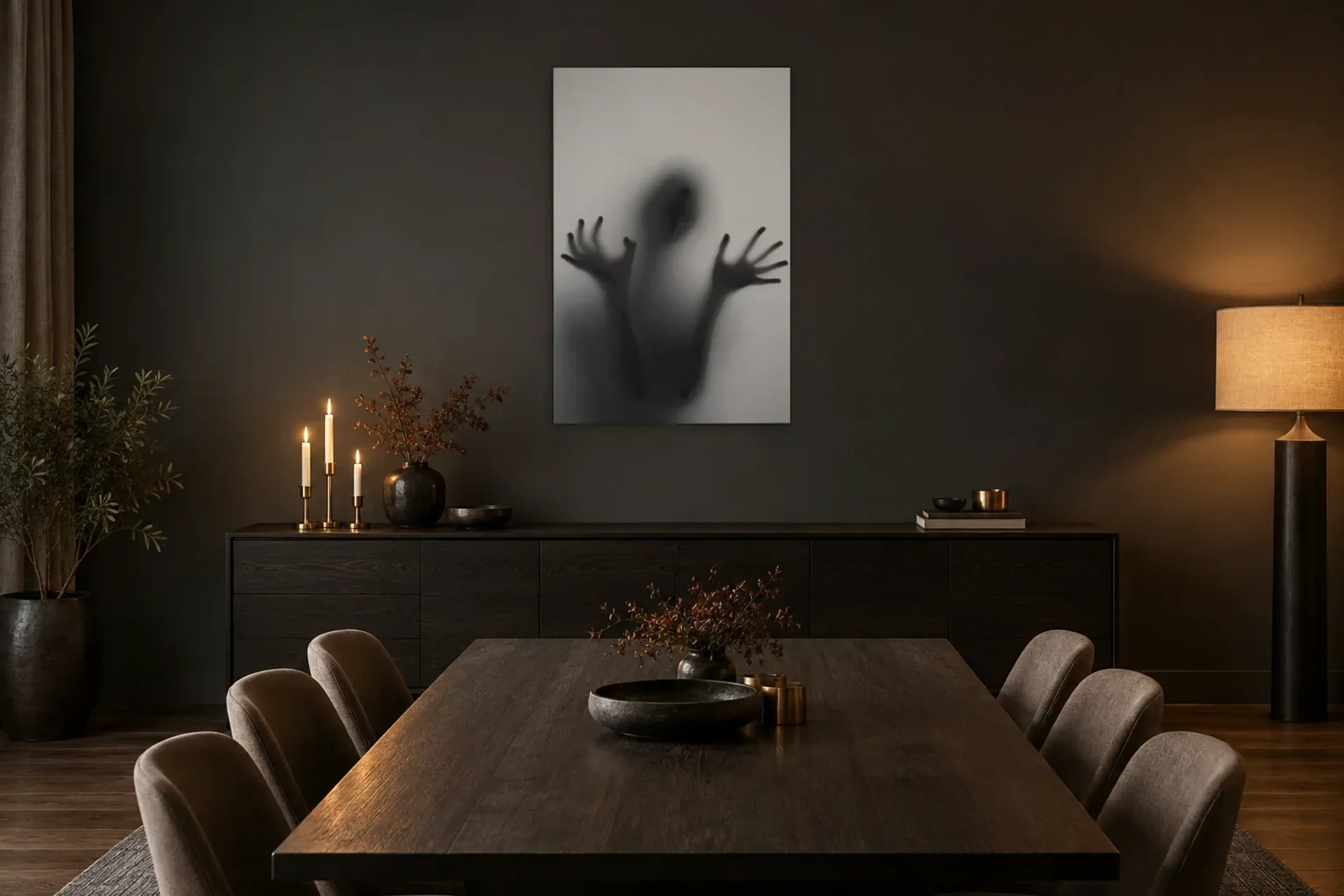 Gestalt hinter matter Scheibe als Wandbild über einem 180-cm-Sideboard