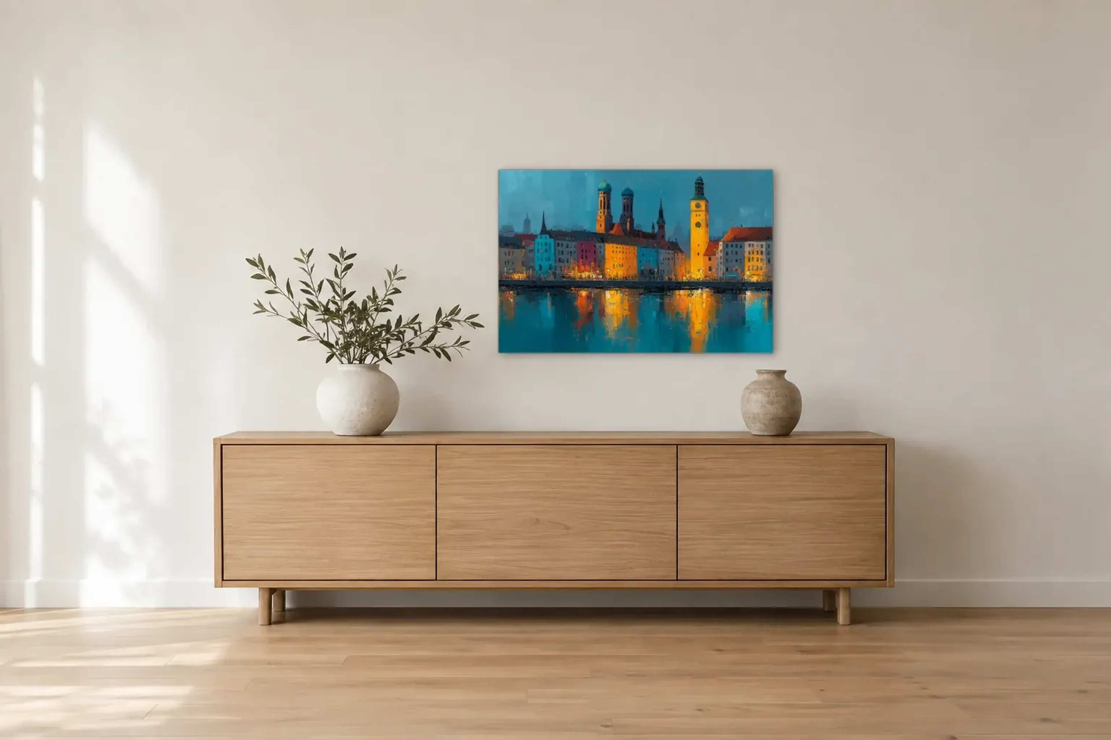 München in goldenen Spiegelungen als Wandbild über einem 180-cm-Sideboard