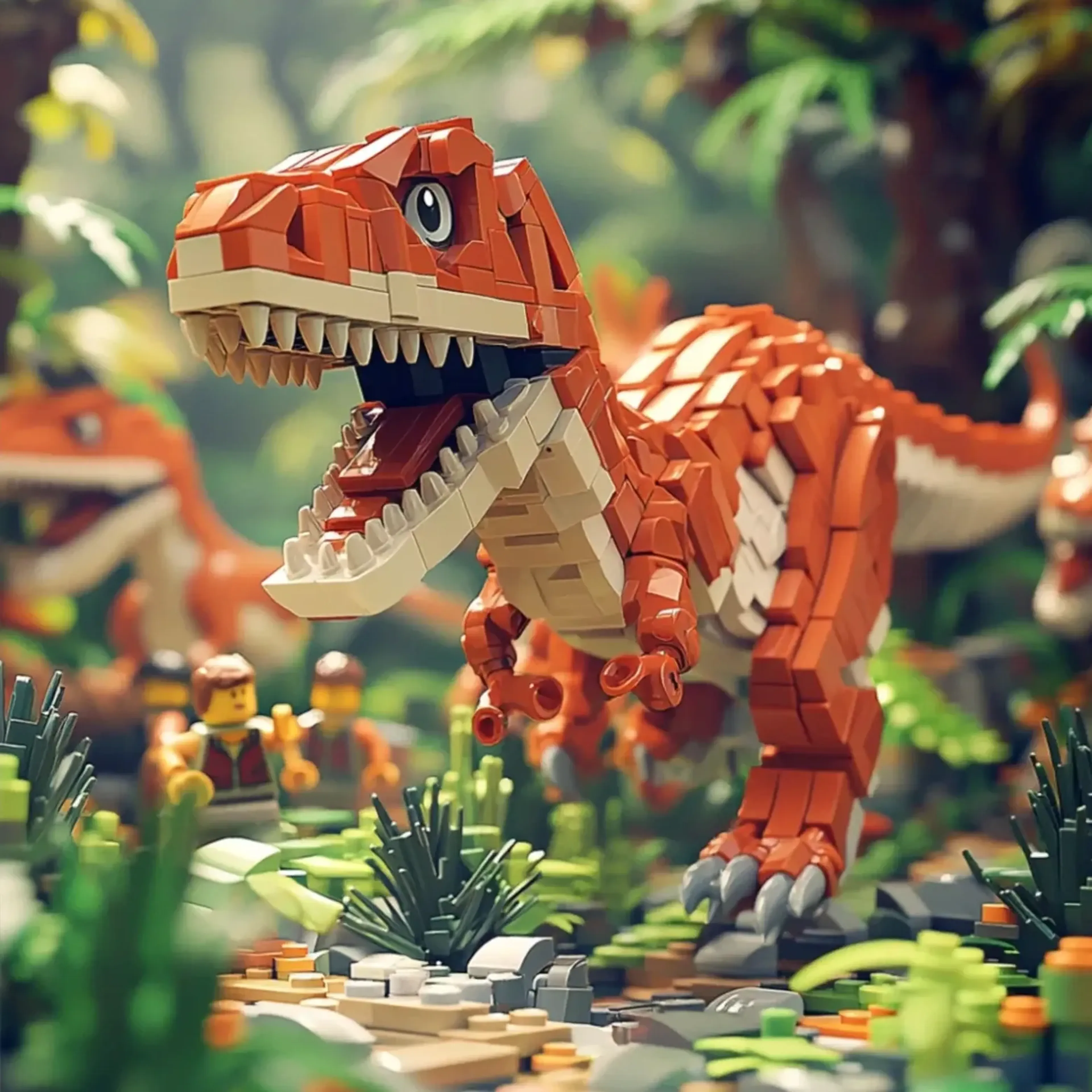 Baustein-Dino im Dschungel – Motiv als Wandbild auf Holz