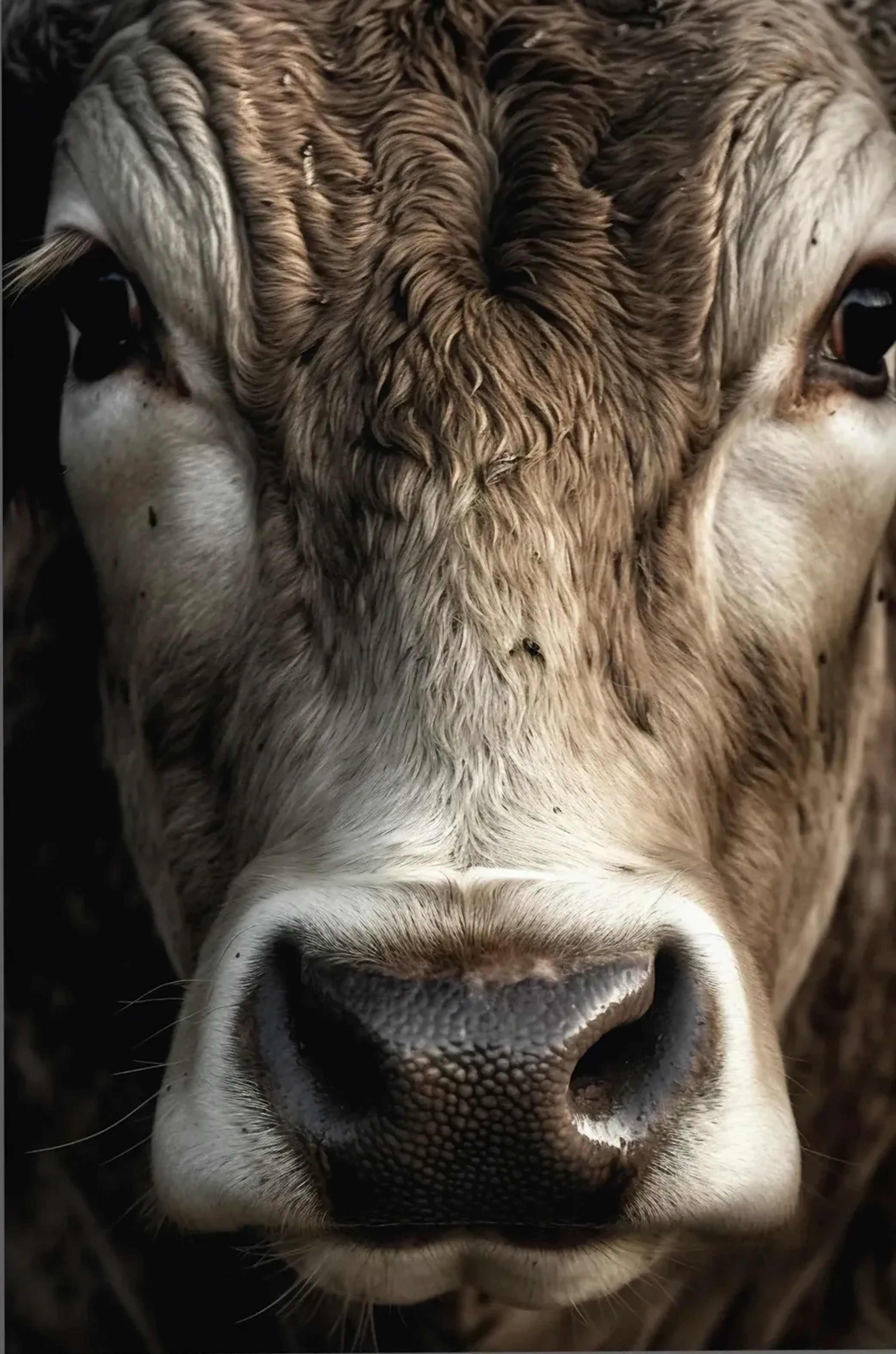Nahaufnahme einer Kuh mit braungrauem Fell, dunklen Augen und breiter Nase vor dunklem Hintergrund.