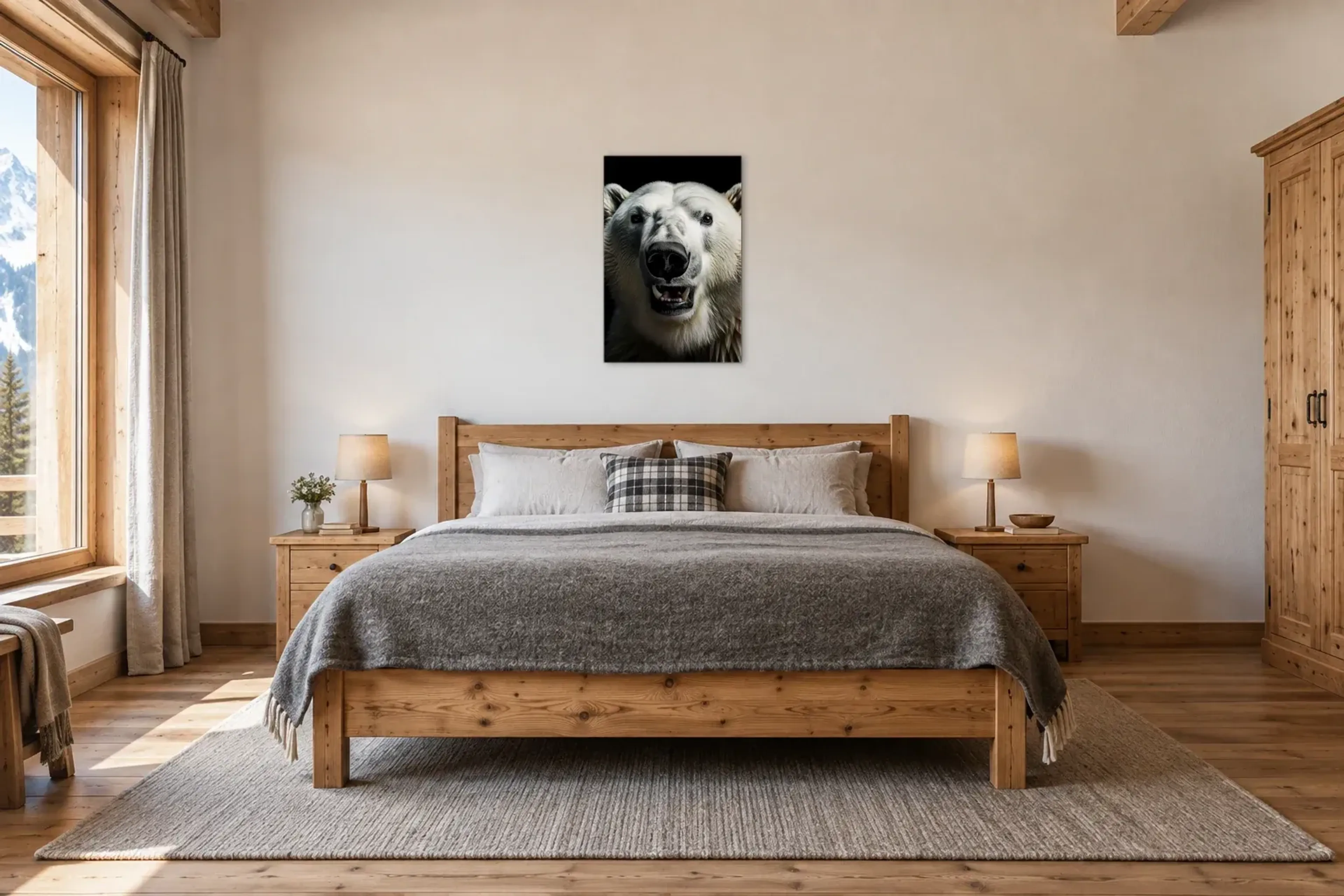 Portrait Eisbär als Wandbild über einem 180-cm-Bett