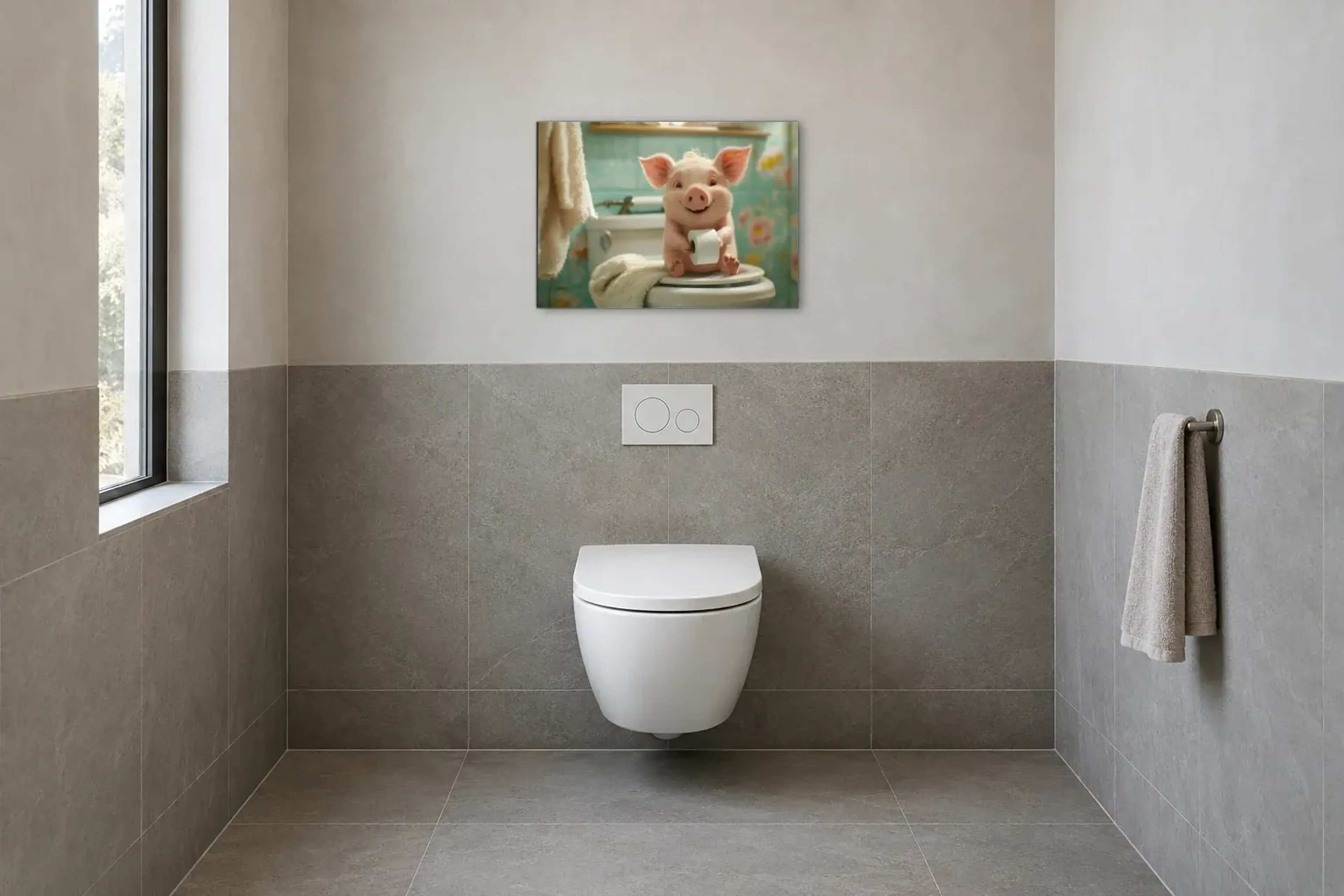 Ferkel mit Klorolle als Wandbild im Gäste-WC