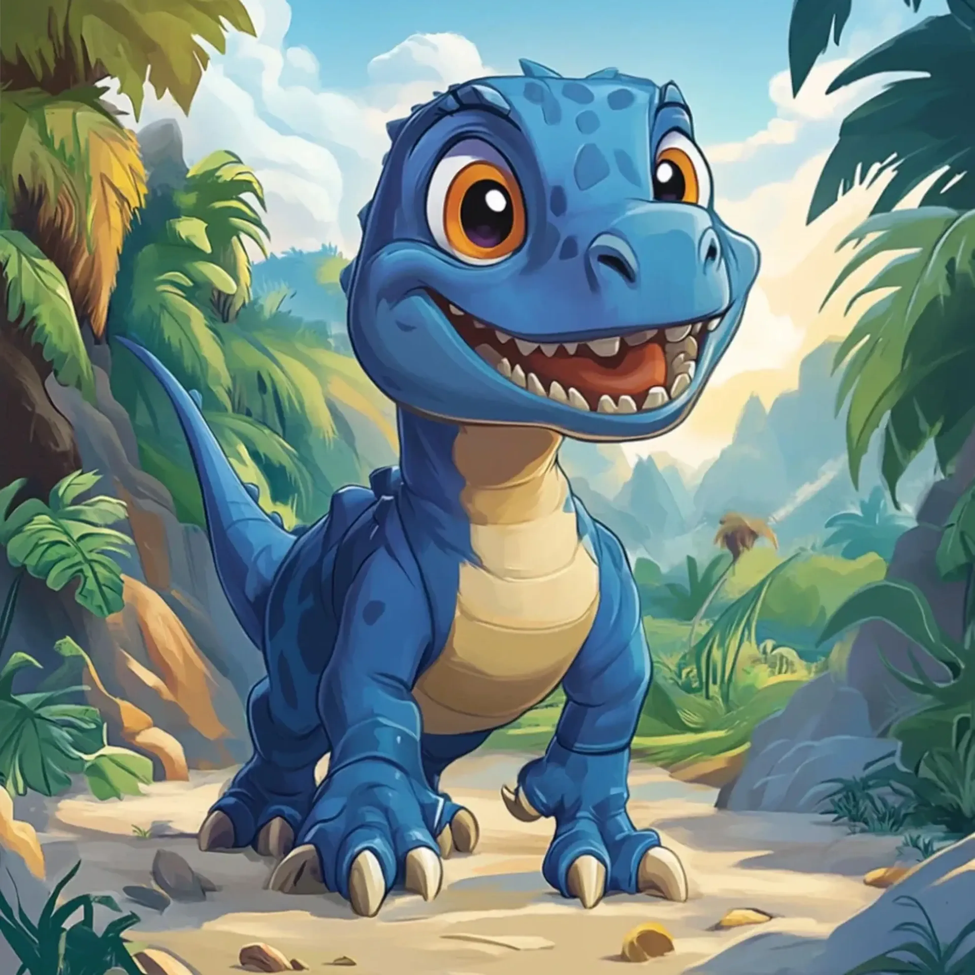 Blauer Dino mit cremefarbenem Bauch und orangebraunen Augen lächelt auf einem sandigen Weg zwischen Palmen.
