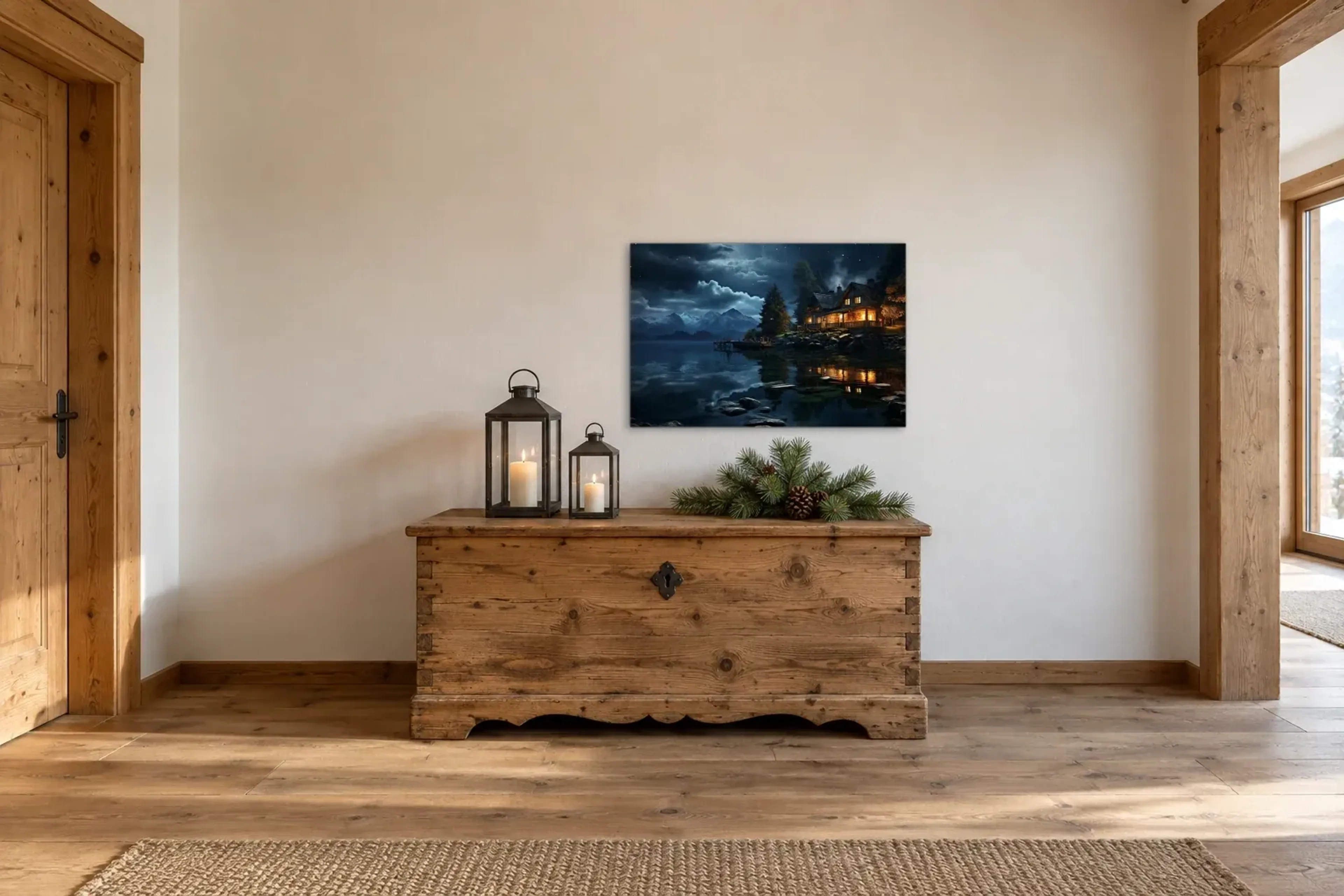Haus am See als Wandbild über einer 140-cm-Truhe