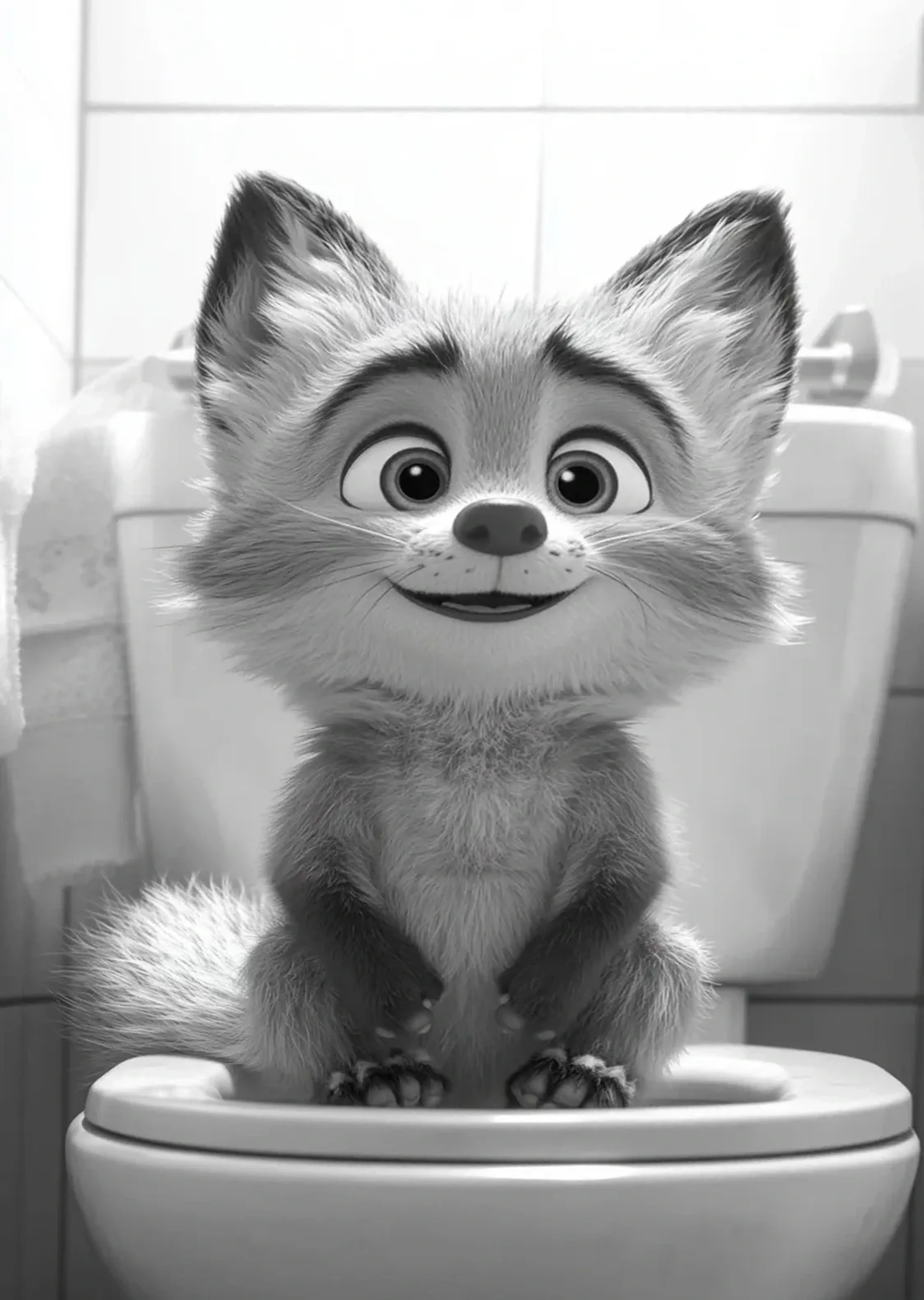 Ein lächelnder Fuchs mit großen Augen und buschigem Schwanz sitzt auf einer Toilette in Schwarz-Weiß.