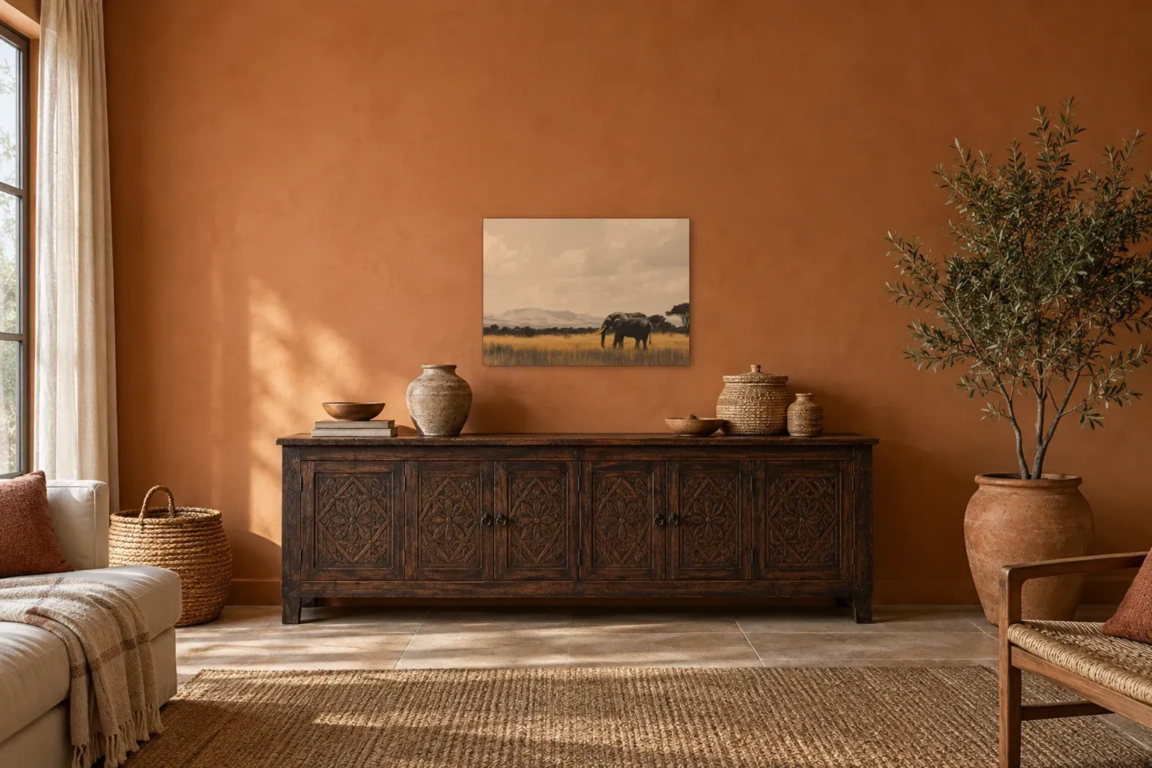 Elefant im goldenen Gras als Wandbild über einem 180-cm-Sideboard