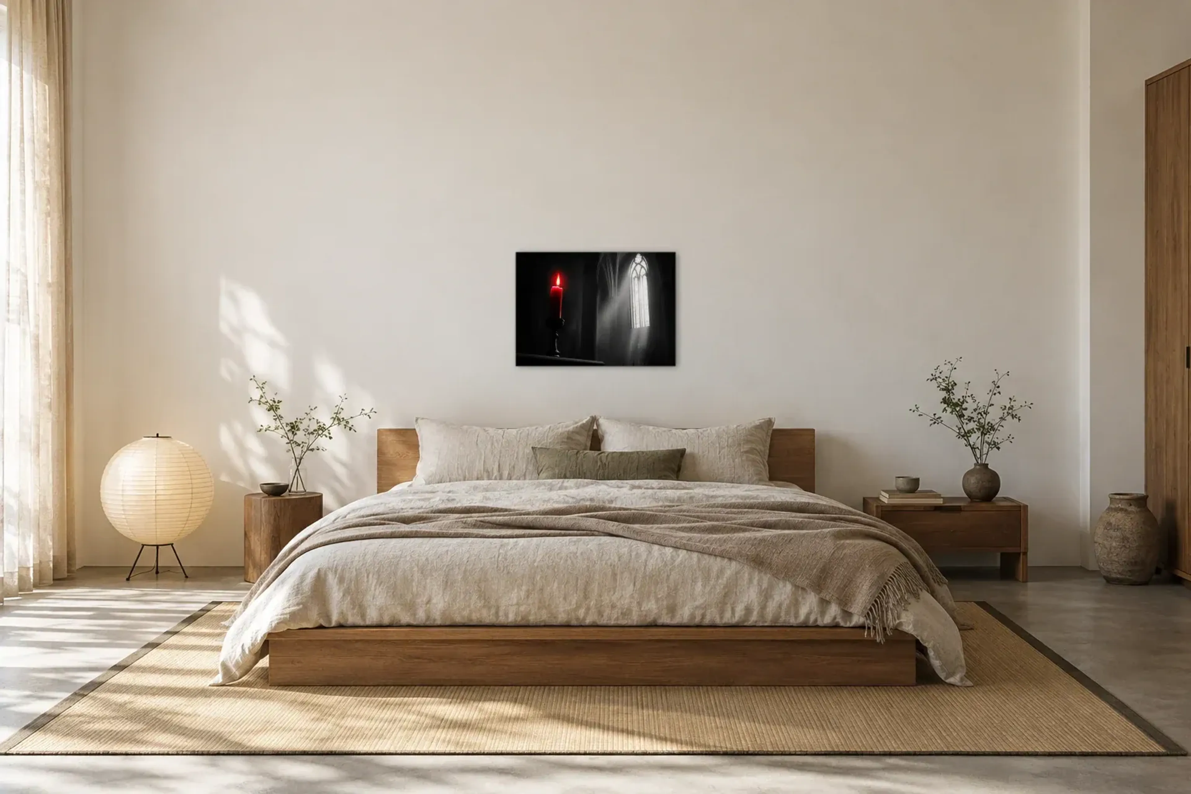 Kerze im Fensterlicht als Wandbild über einem 180-cm-Bett