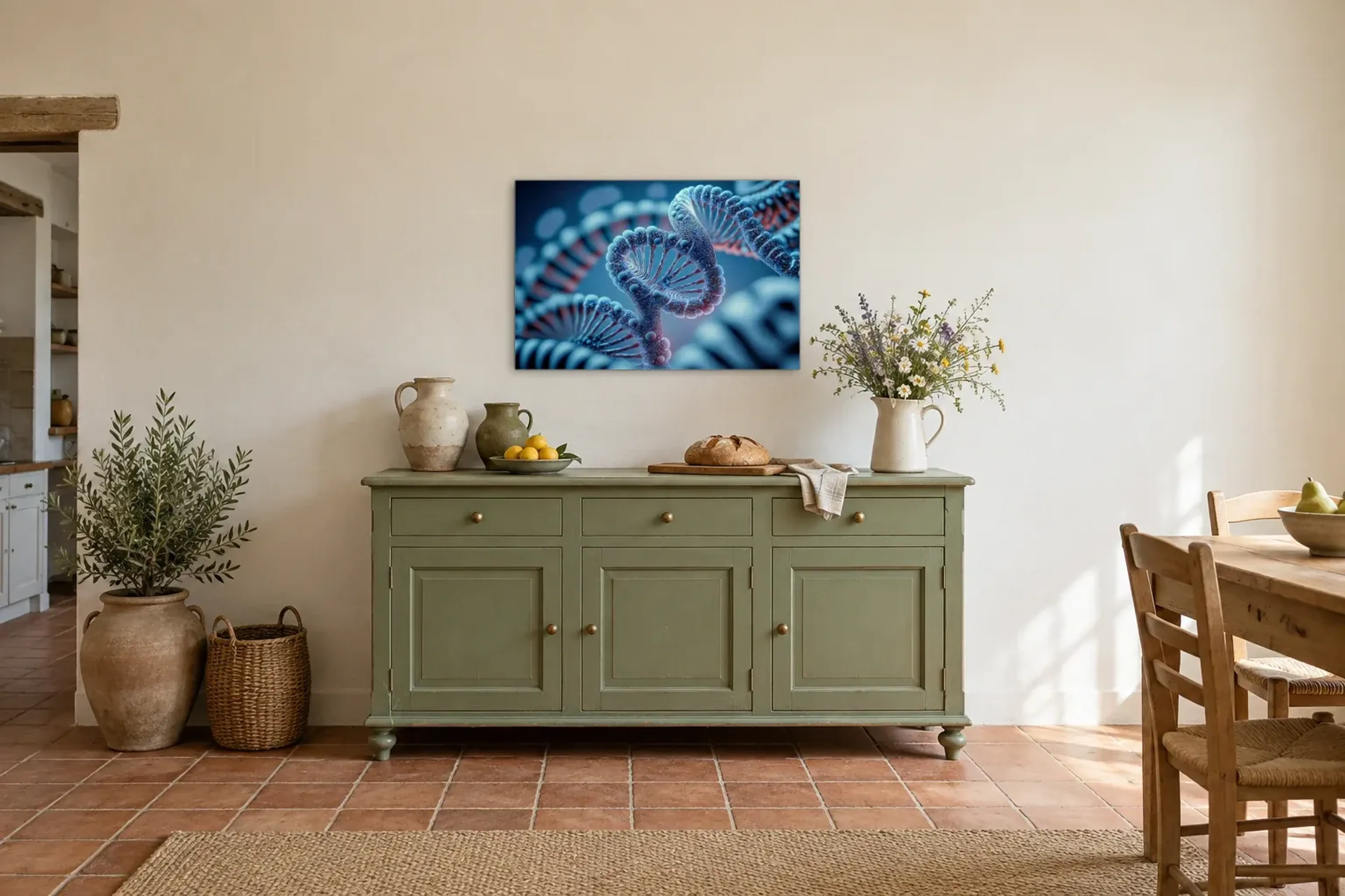 DNA in Blau als Wandbild über einer 160-cm-Anrichte