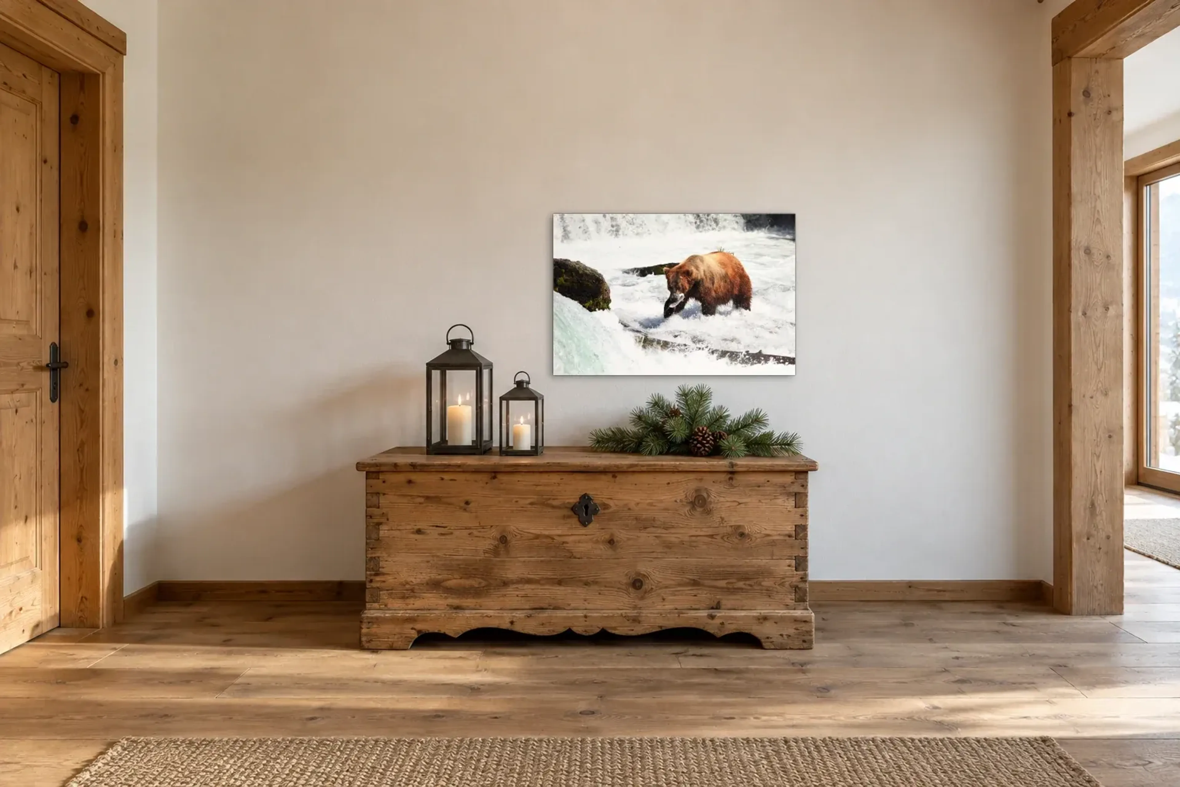 Braunbär beim Fischfang als Wandbild über einer 140-cm-Truhe