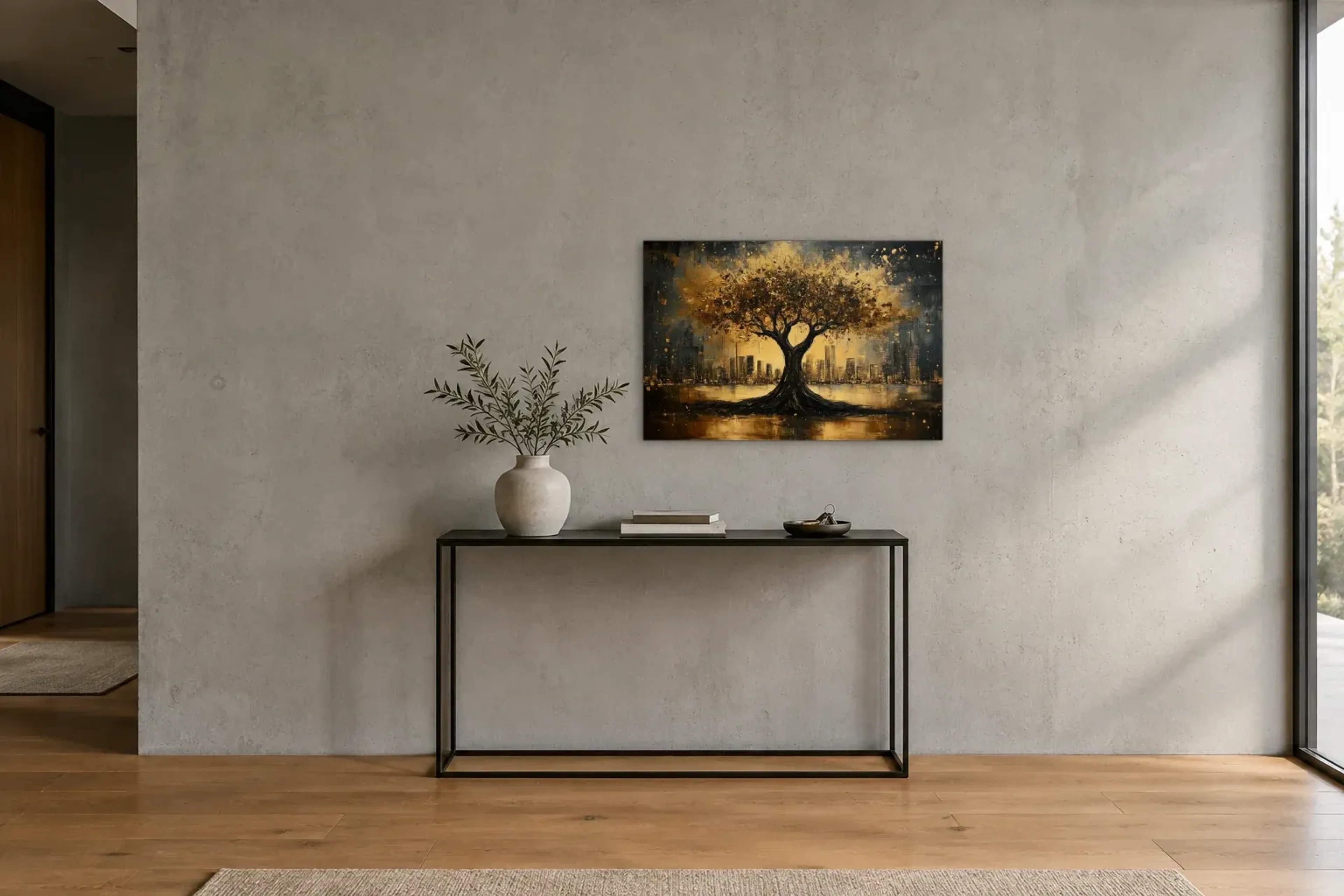 Lebensbaum Skyline als Wandbild über einer 120-cm-Konsole