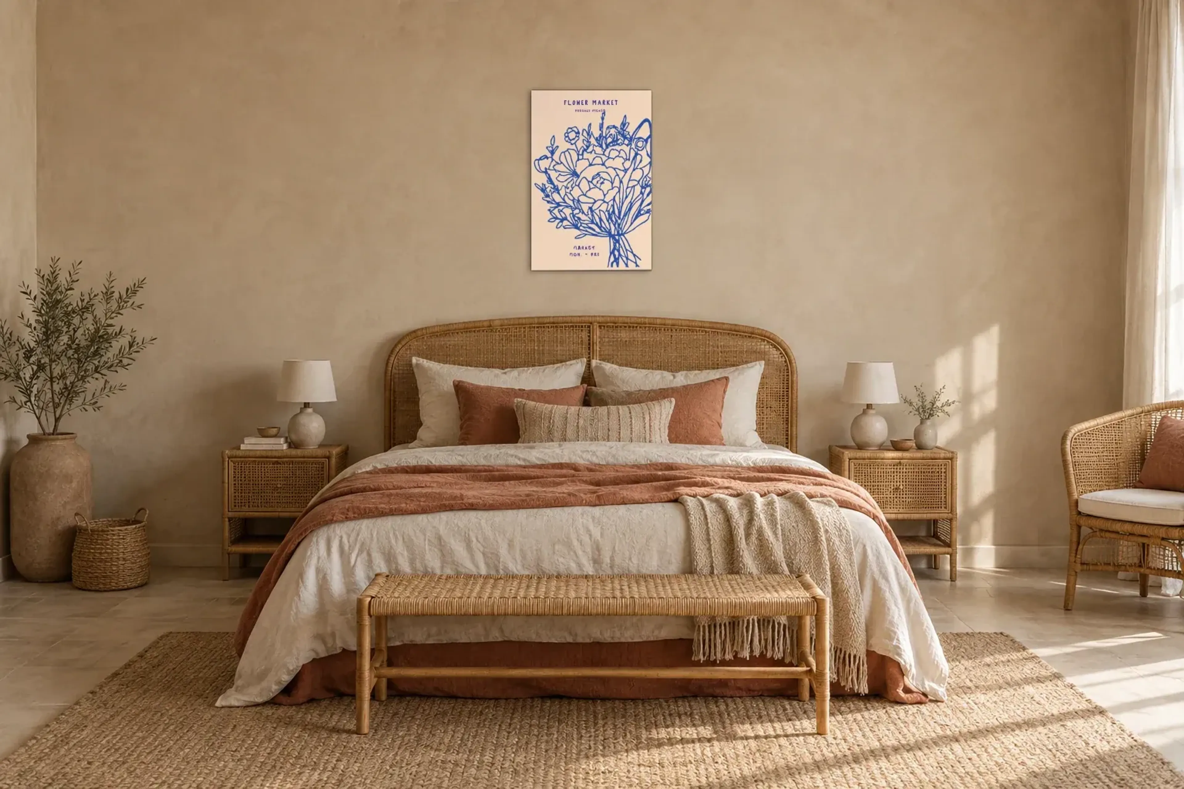 Blumenstrauß in Blau als Wandbild über einem 180-cm-Bett