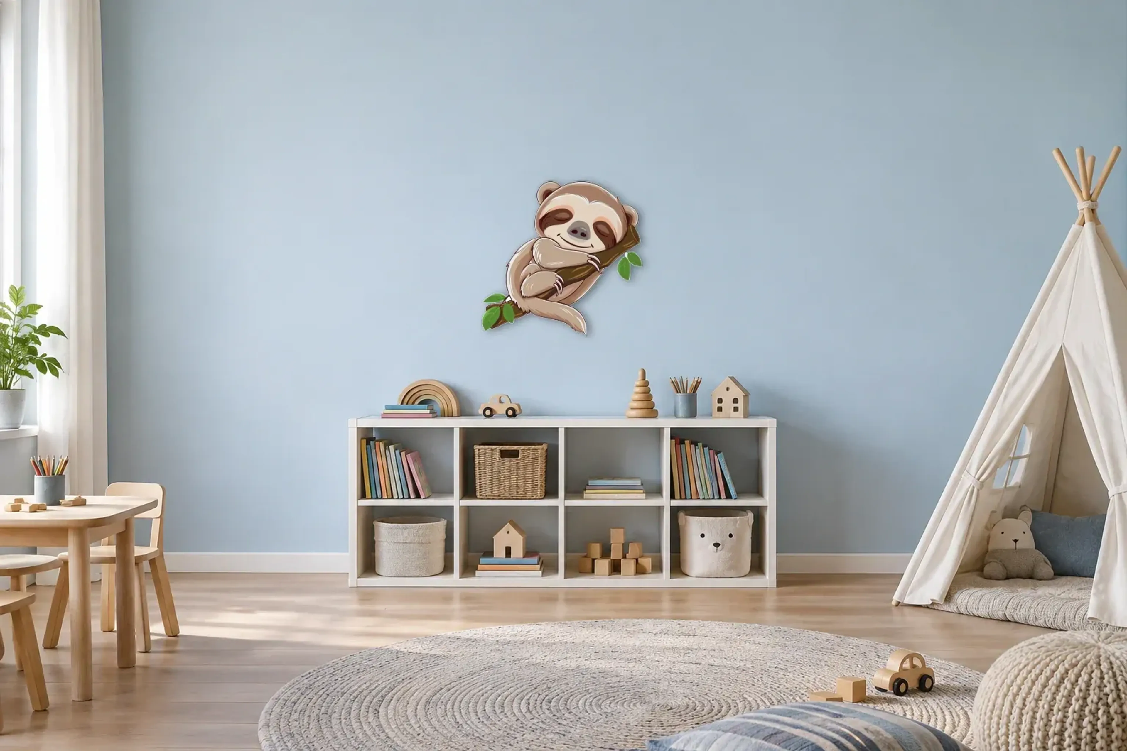 Schlummerndes Faultier als Wandbild über einem 120-cm-Spielregal