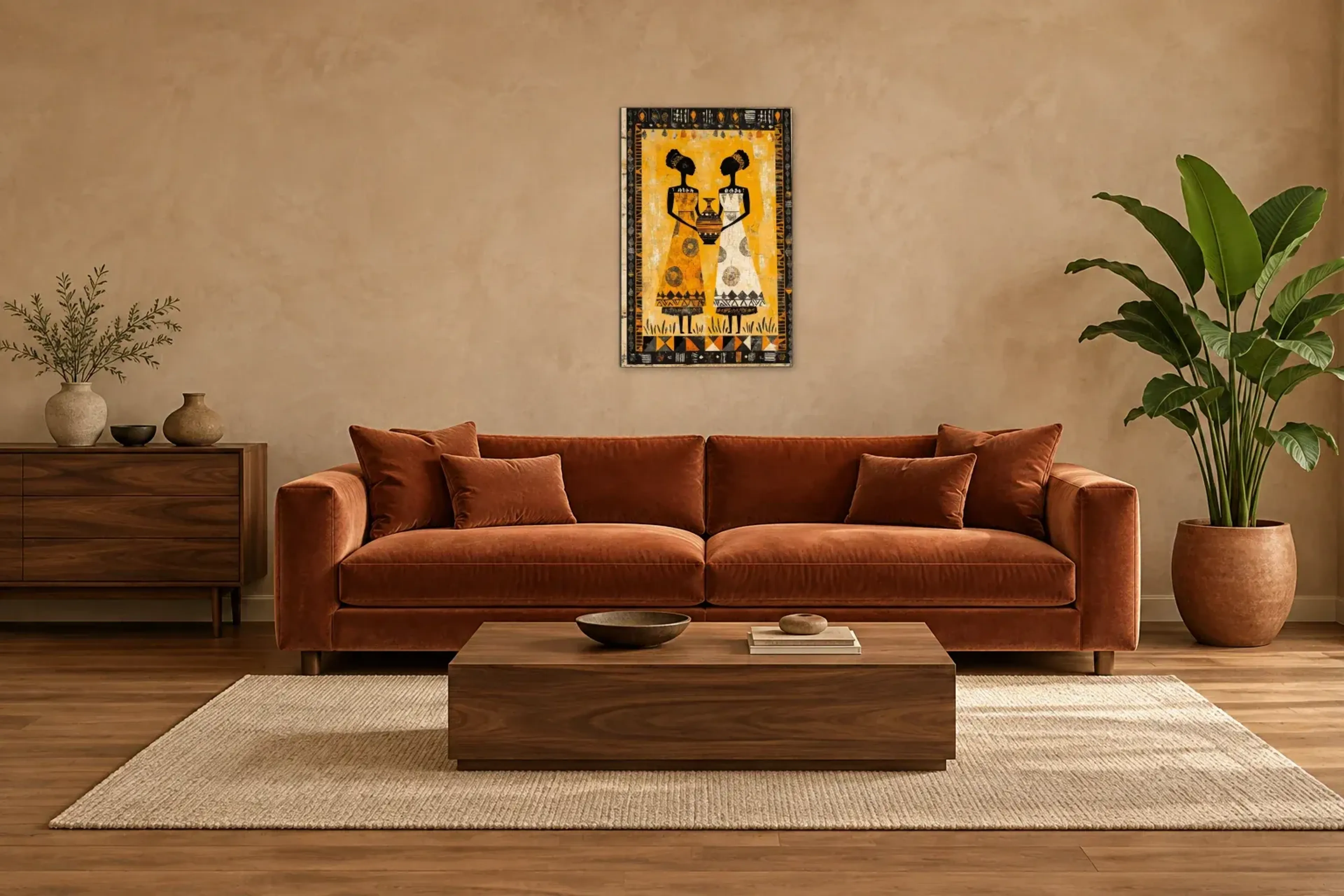 Frauen mit Gefäß als Wandbild über einem 220-cm-Sofa