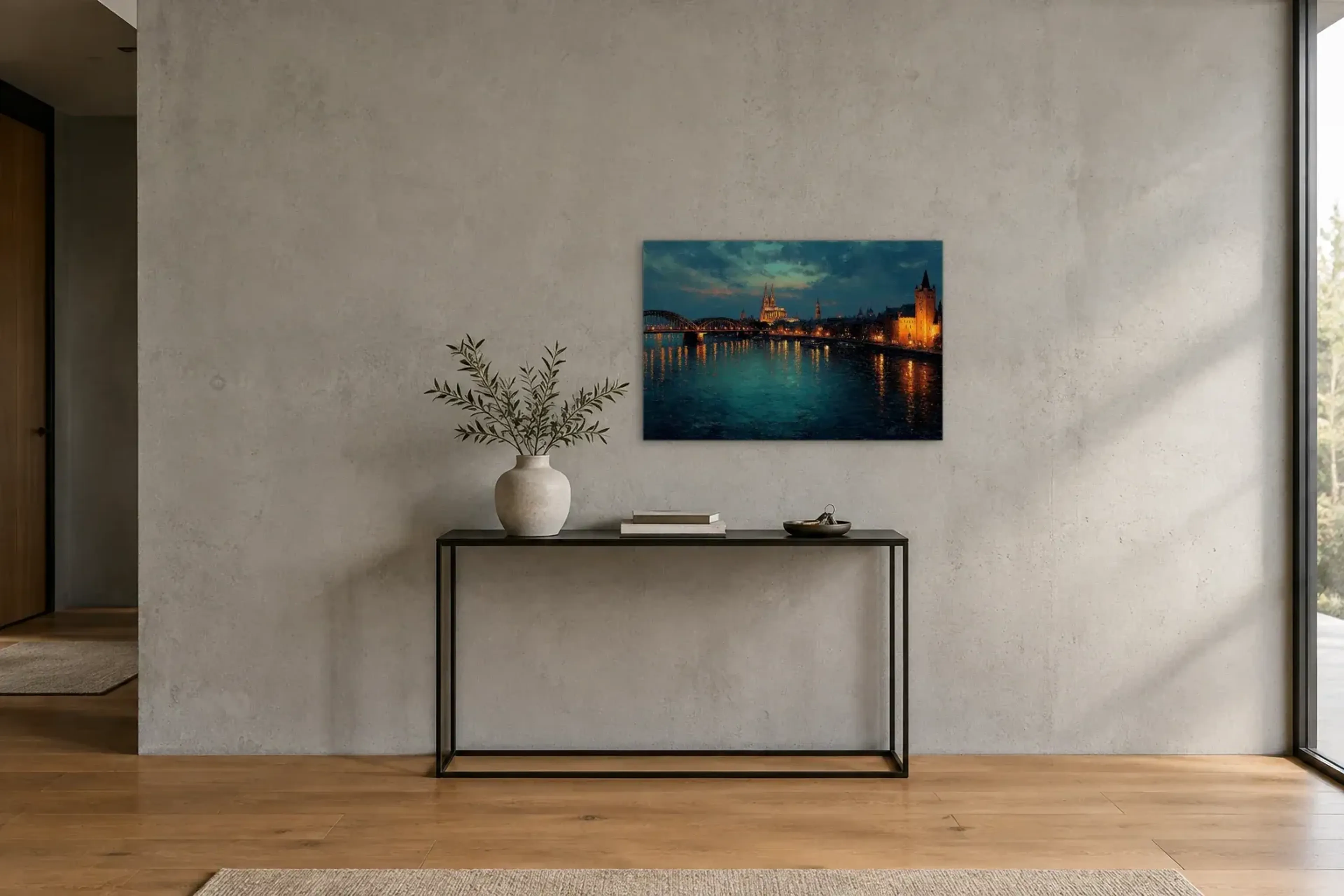 Köln im Abendglanz als Wandbild über einer 120-cm-Konsole