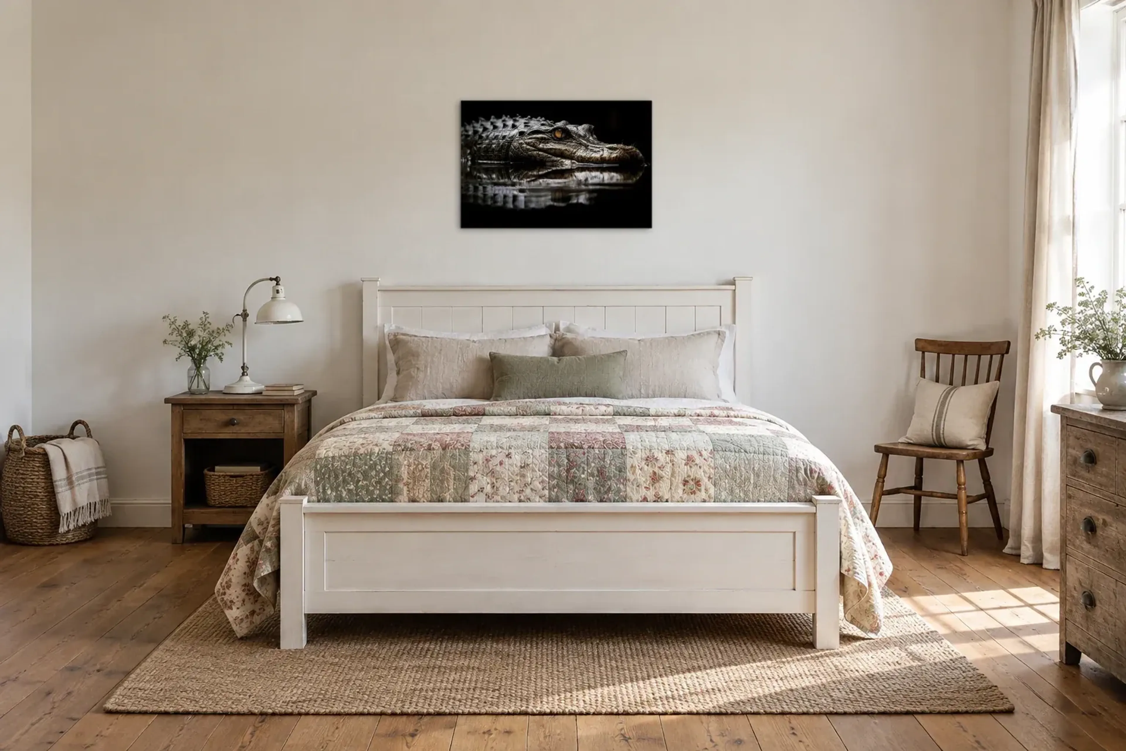 Krokodil im Wasser als Wandbild über einem 160-cm-Bett