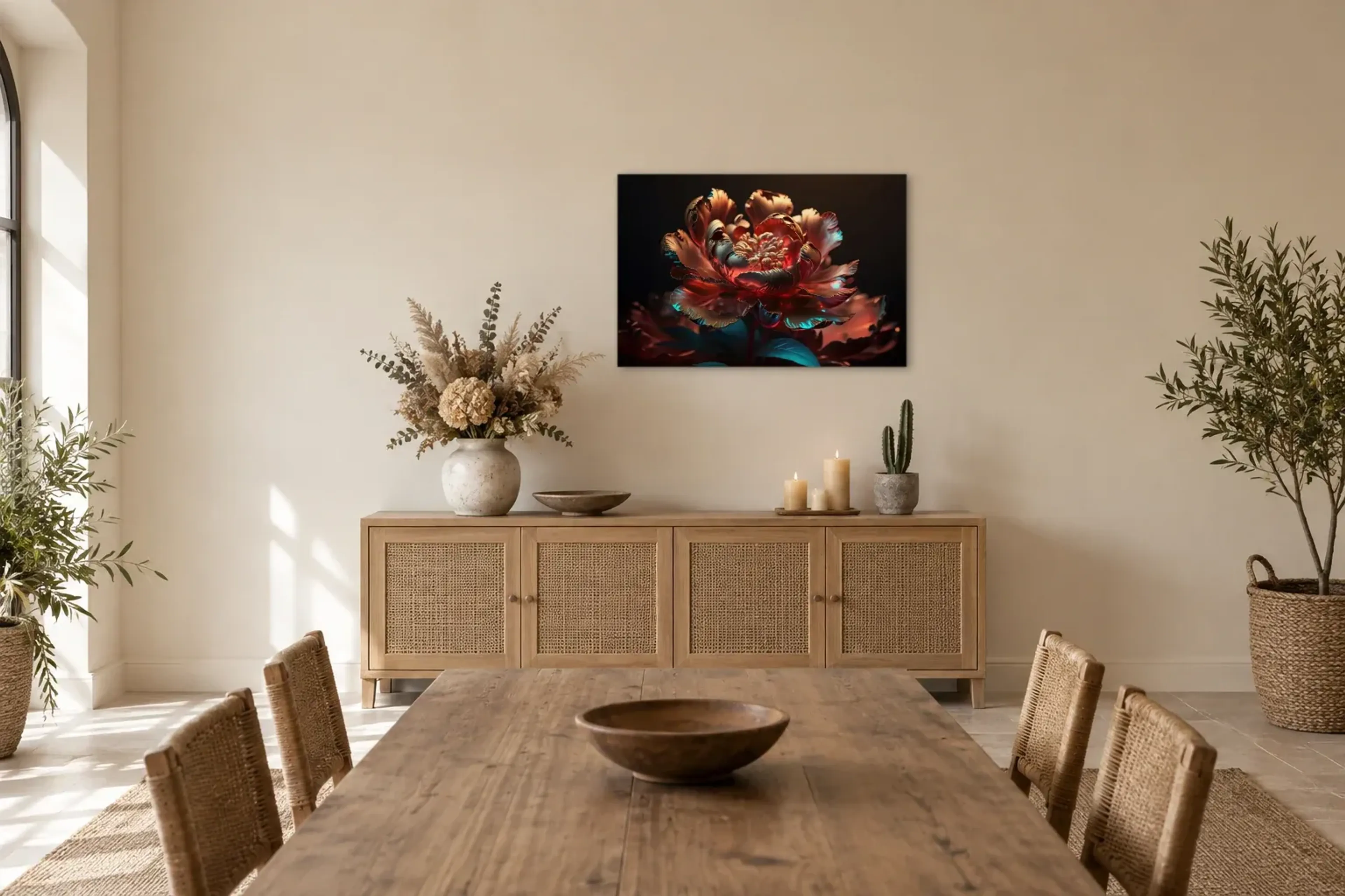 Blüte in Kupferrot als Wandbild über einem 160-cm-Sideboard