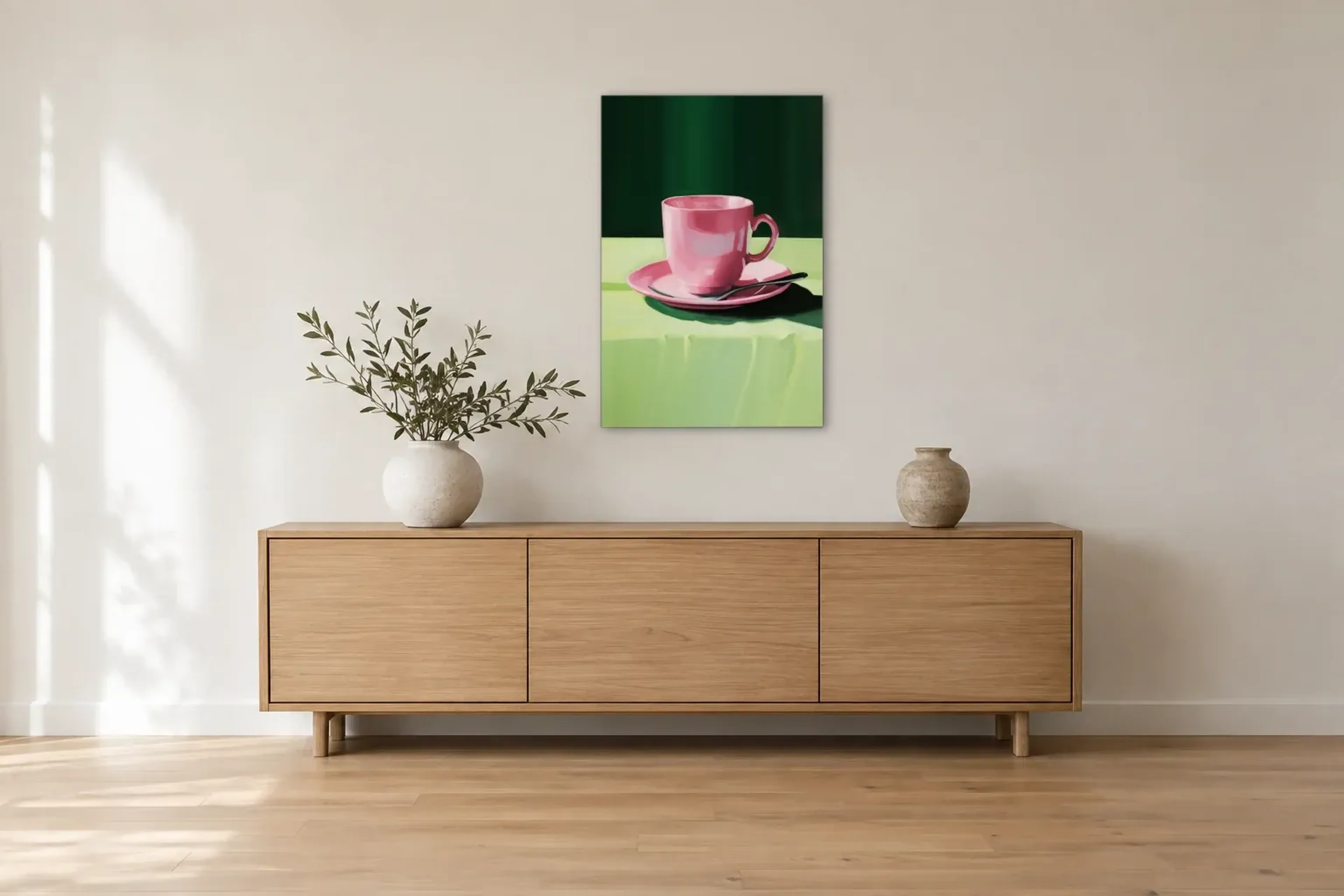 Kaffee-Tasse rosa als Wandbild über einem 180-cm-Sideboard