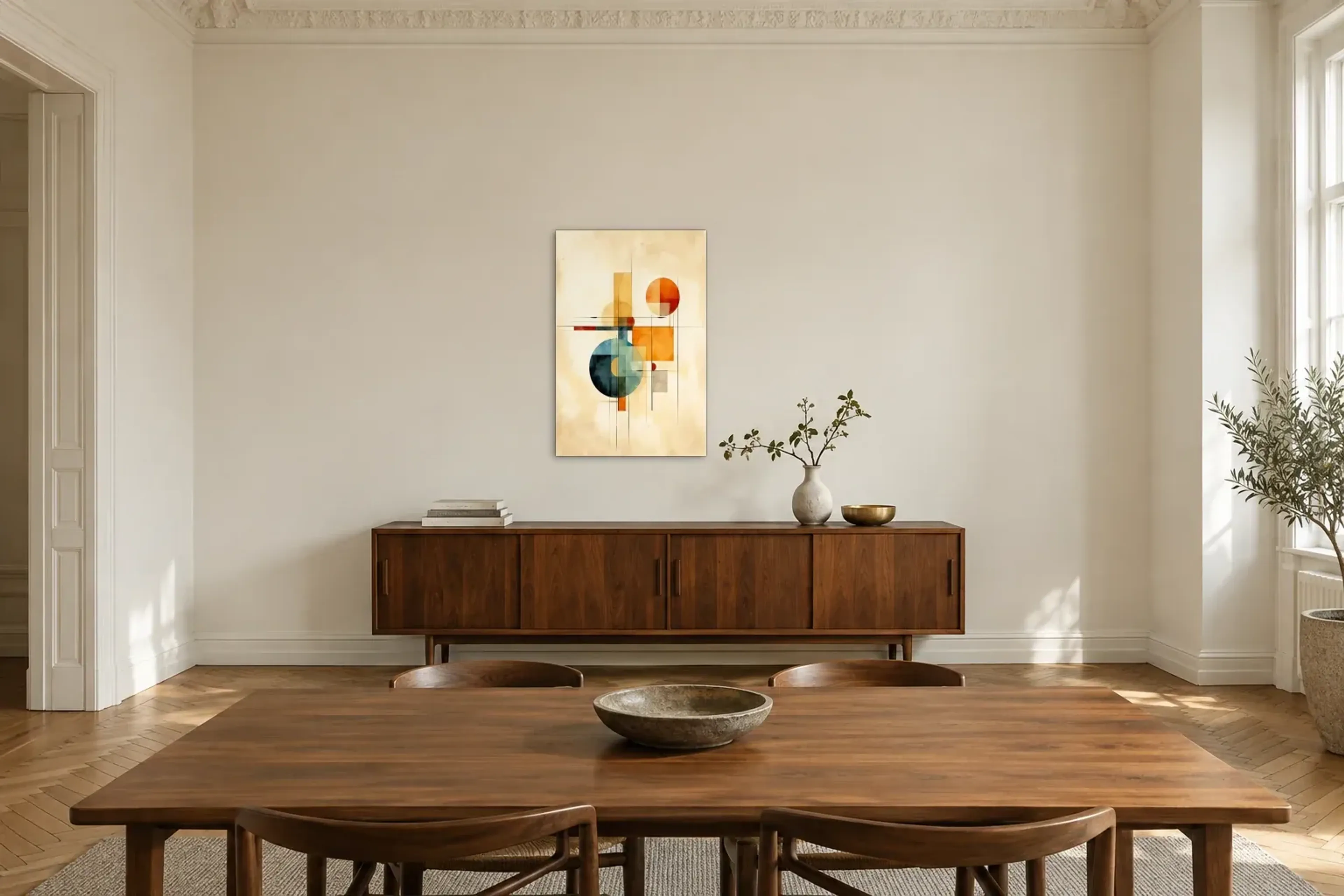 Kreise in Balance als Wandbild über einem 200-cm-Sideboard