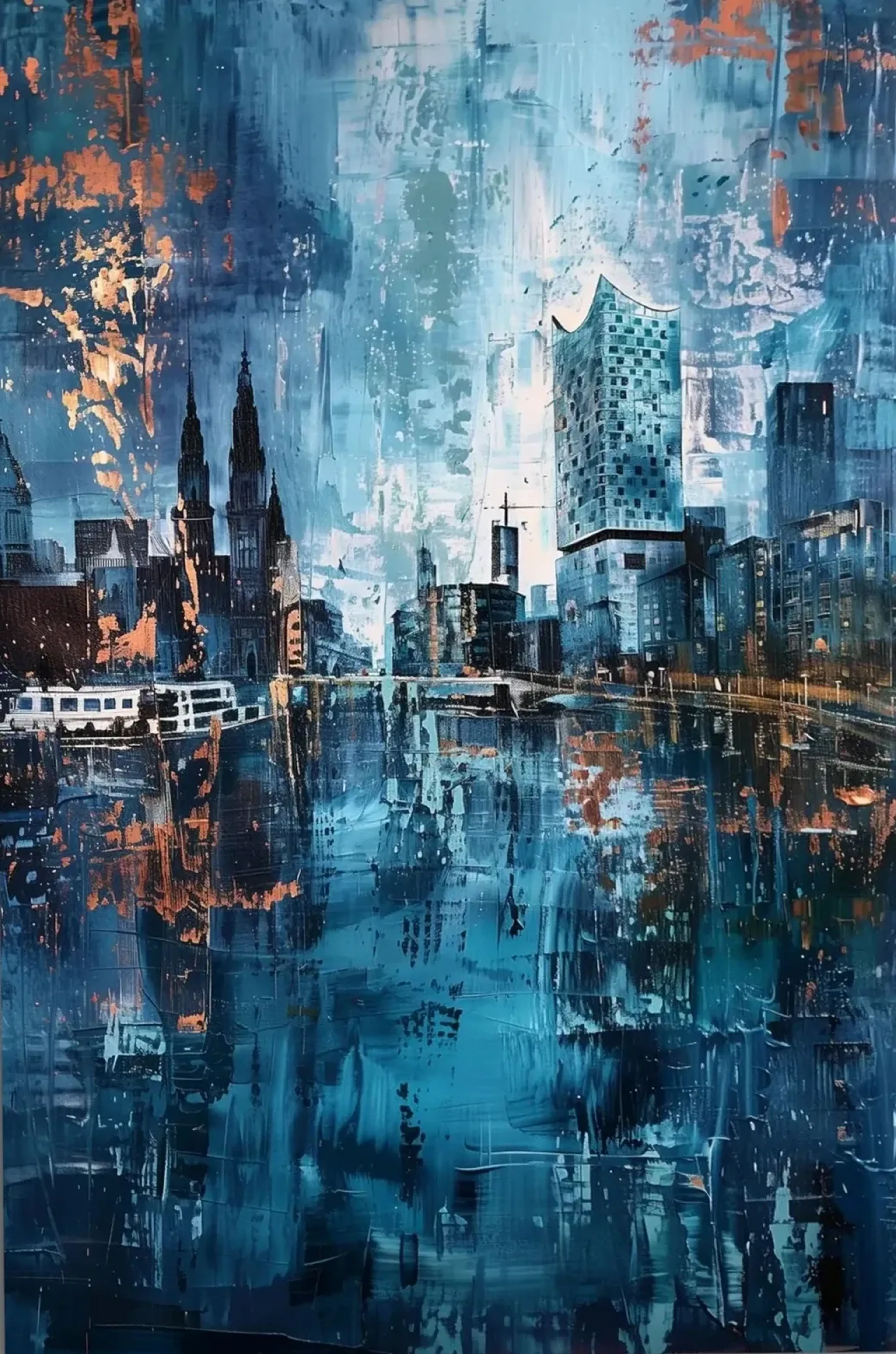 Abstrakte Hamburger Stadtansicht mit Kirchtürmen, Elbphilharmonie, Booten und Spiegelungen in Blau und Kupfer.