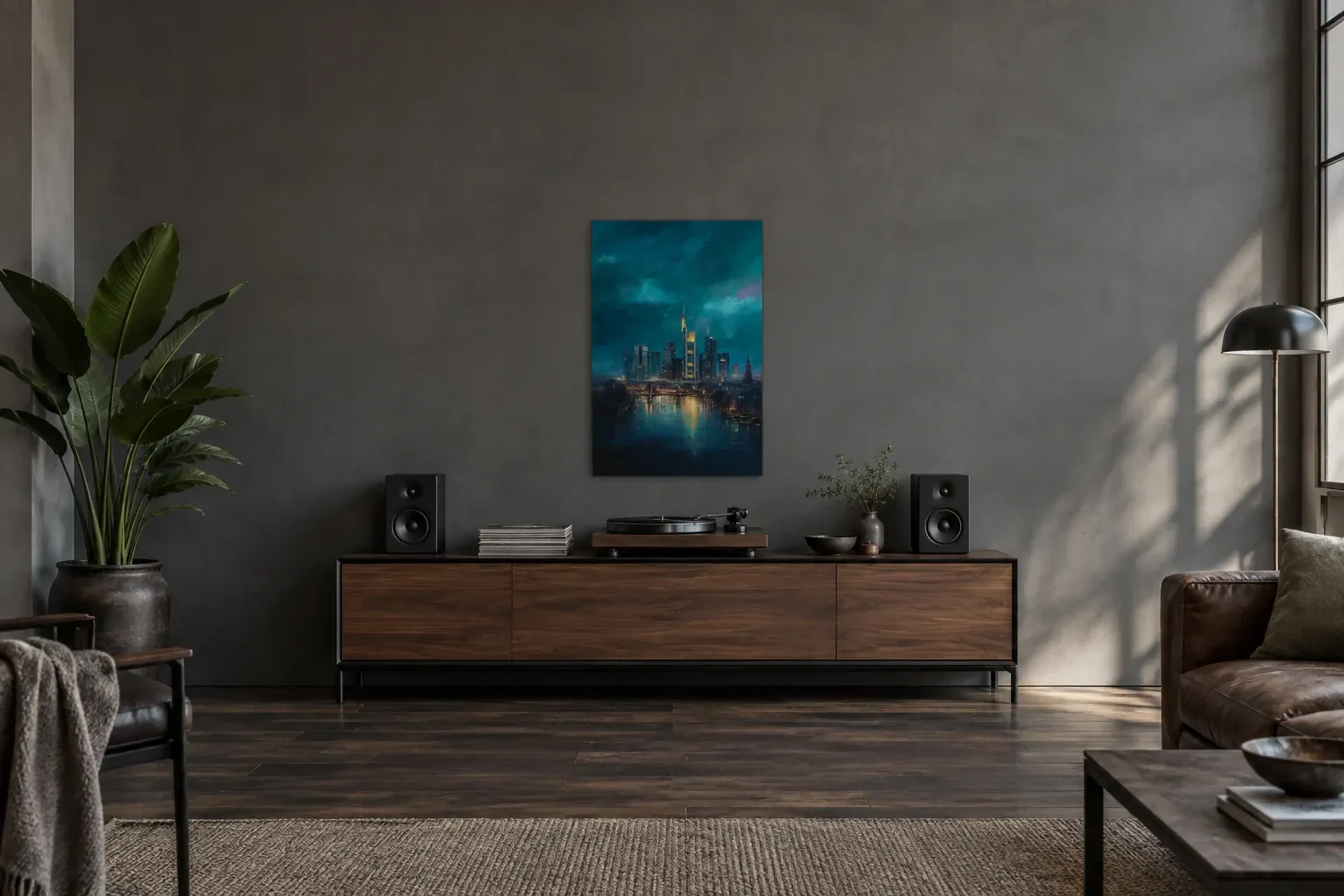Frankfurt im Petrollicht als Wandbild über einem 200-cm-Sideboard