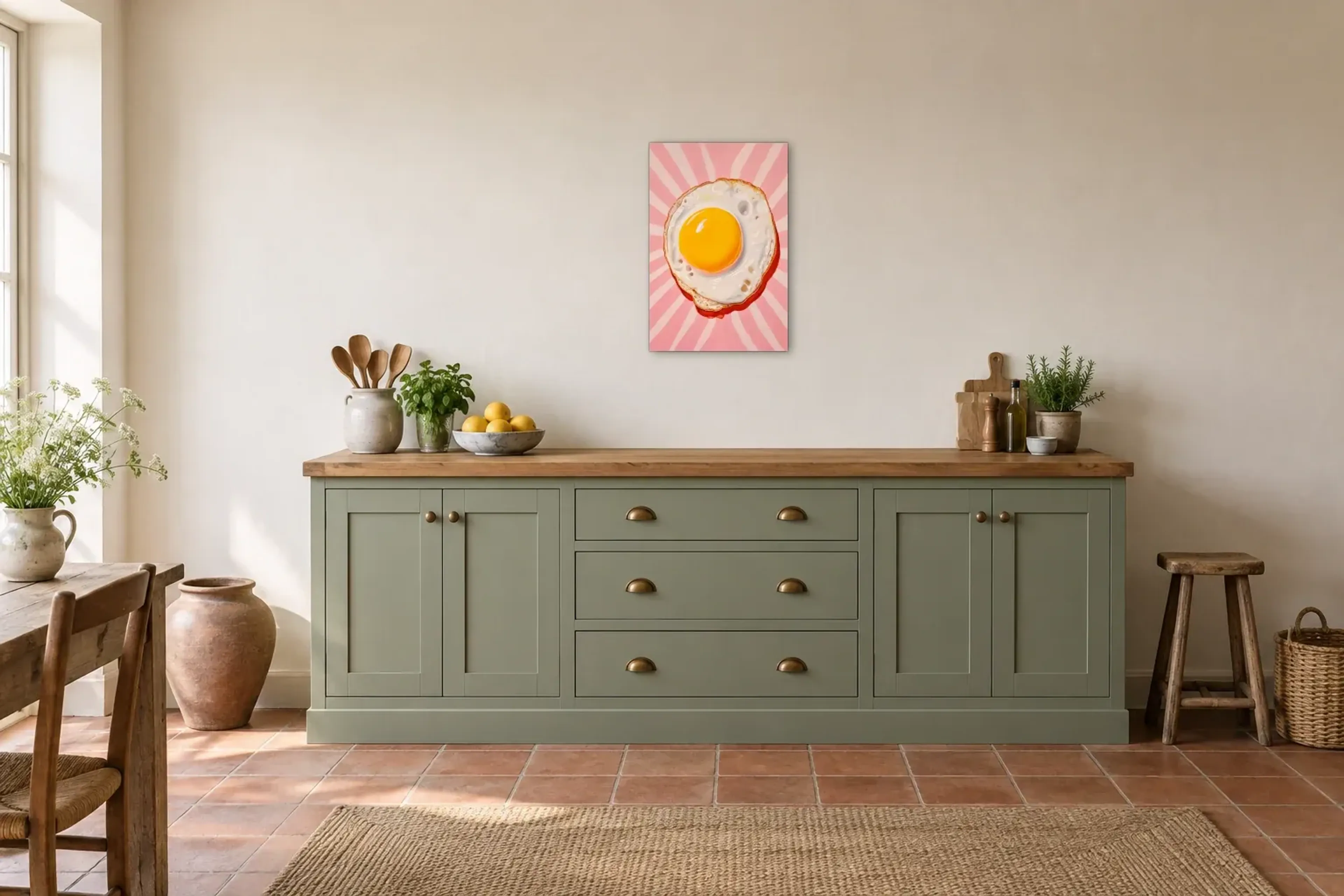 Spiegelei Pop Art als Wandbild über einer 200-cm-Arbeitsplatte