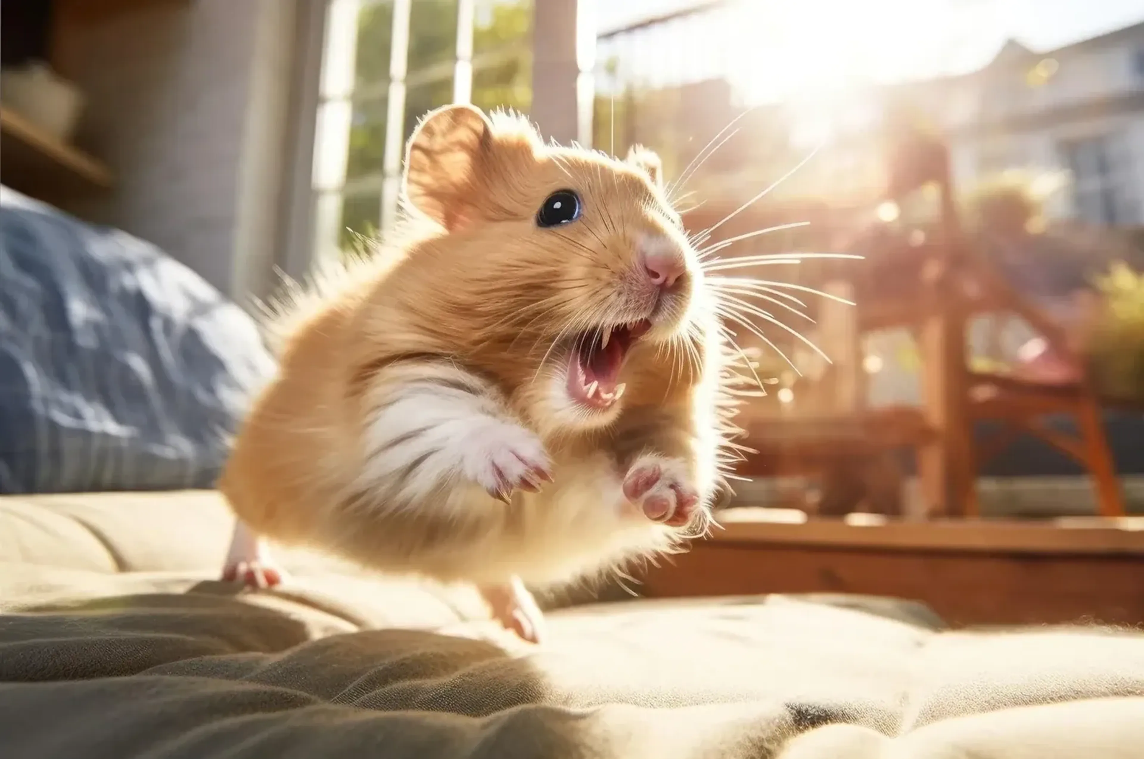 Goldbraun-weißer Hamster springt mit offenem Maul und erhobenen Vorderpfoten über ein sonniges Polster.