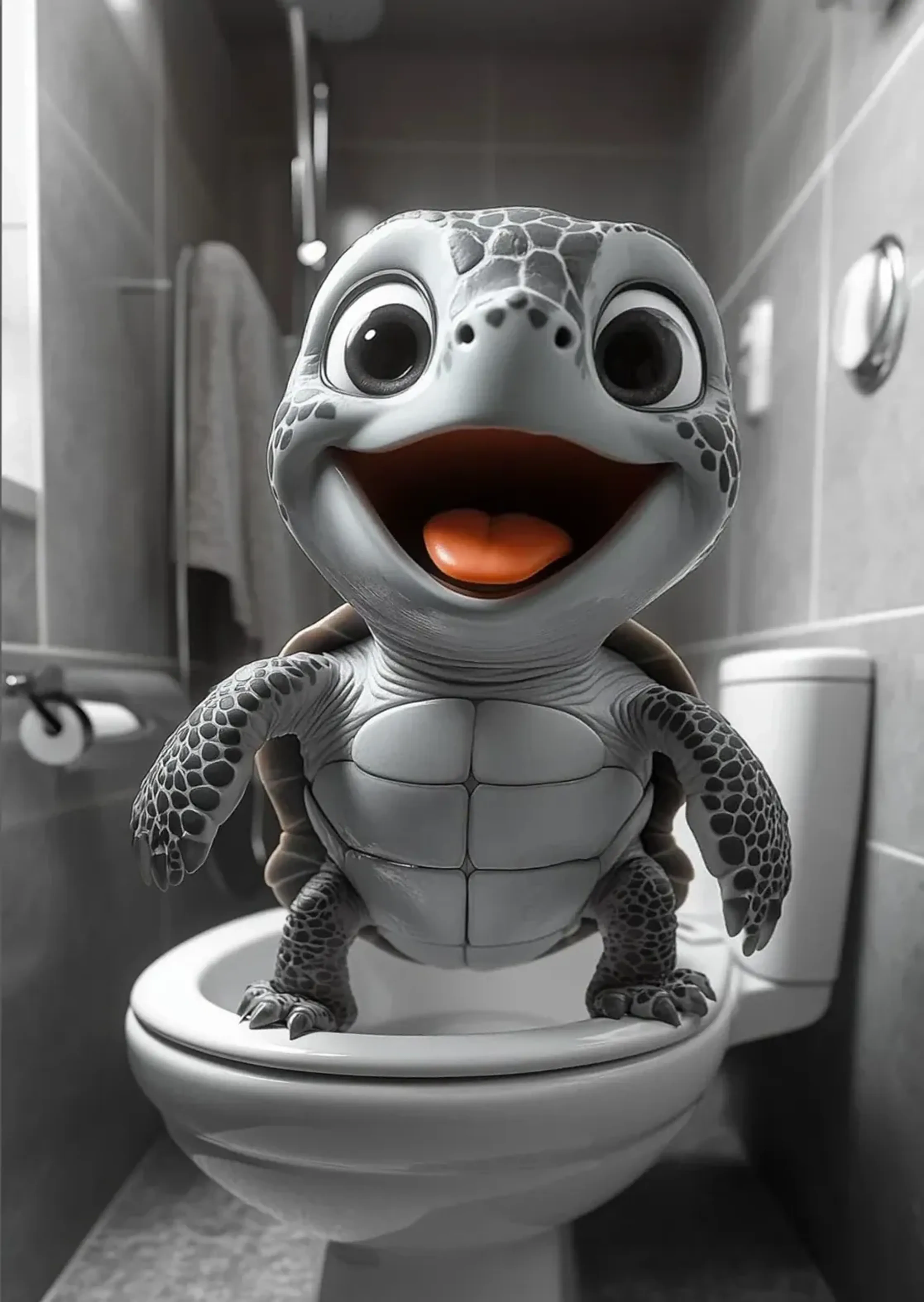 Lächelnde Comic-Schildkröte auf einer Toilettenbrille, mit orangefarbener Zunge in einer sonst grauen Badezimmerszene.