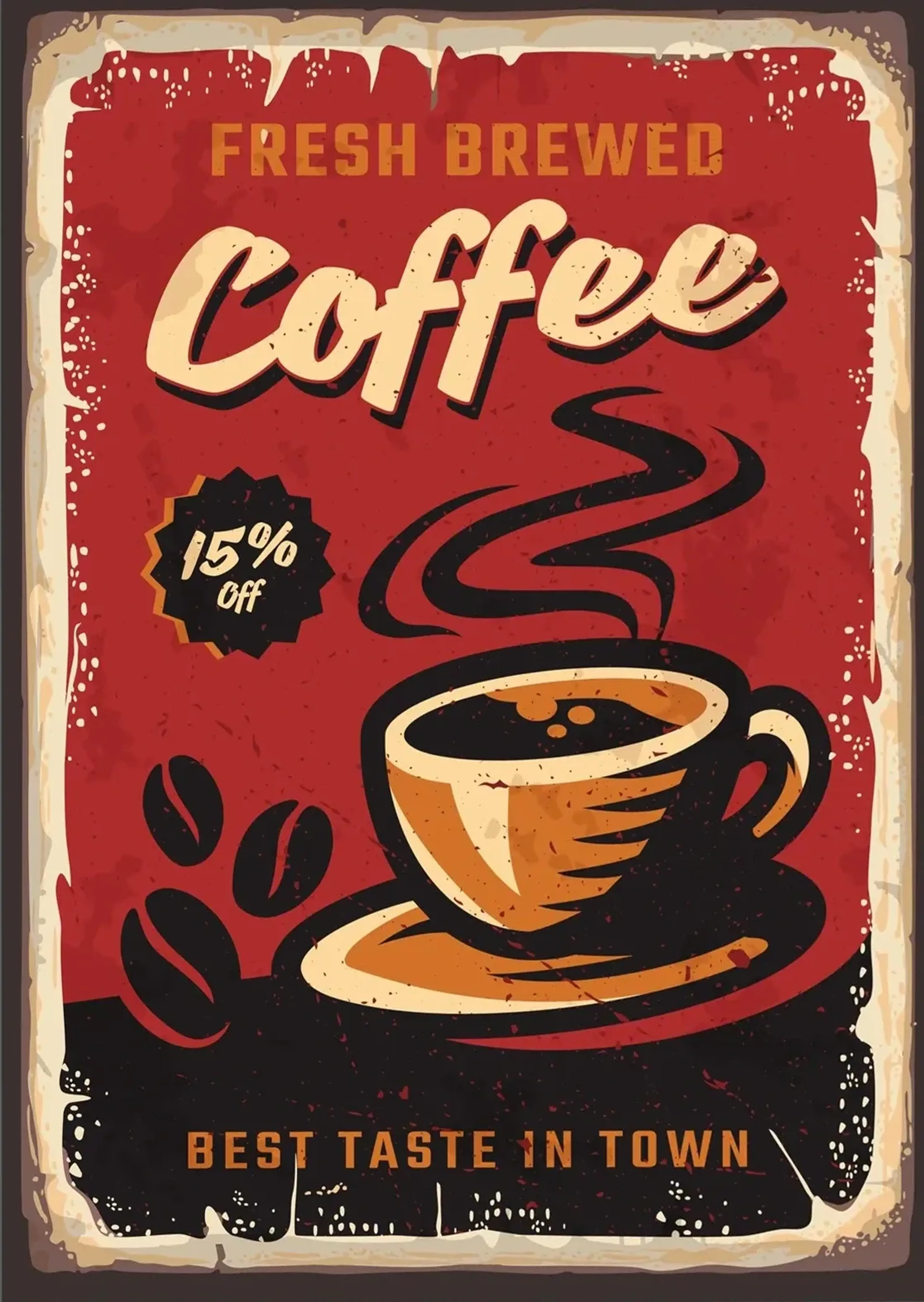 Rotes Kaffeemotiv mit dampfender Tasse, Untertasse, Kaffeebohnen und großem cremefarbenem Coffee-Schriftzug.
